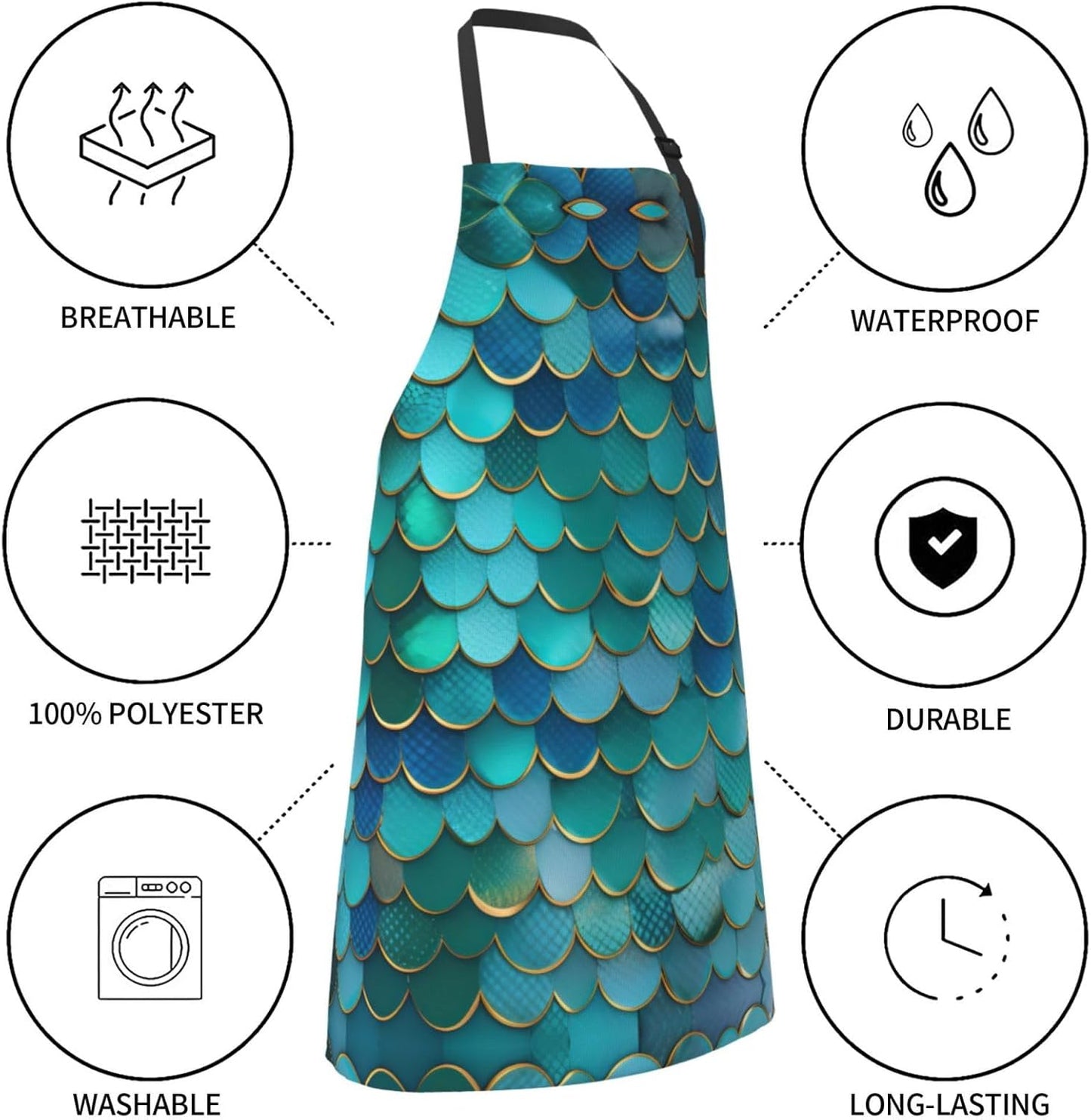 Mermaid Scale print Waterproof chef's apron with pocket apron for kitchen cooking baking barbecue and gardening
