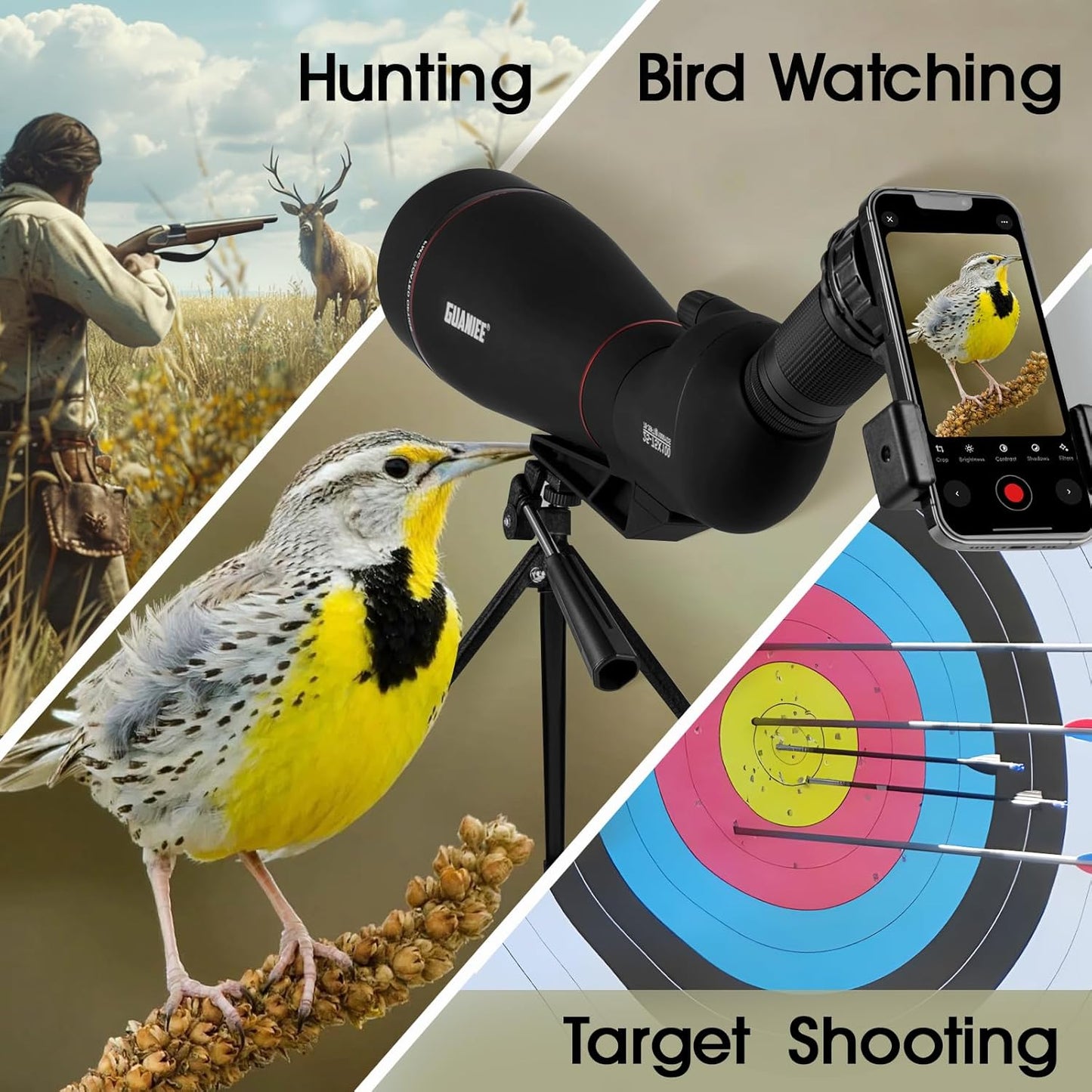 25-75x100 Spotting Scope for Target Shooting with Tripod Phone Adapter Carrying Bag Spotter Scope for Bird Watching, Wildlife Viewing Black