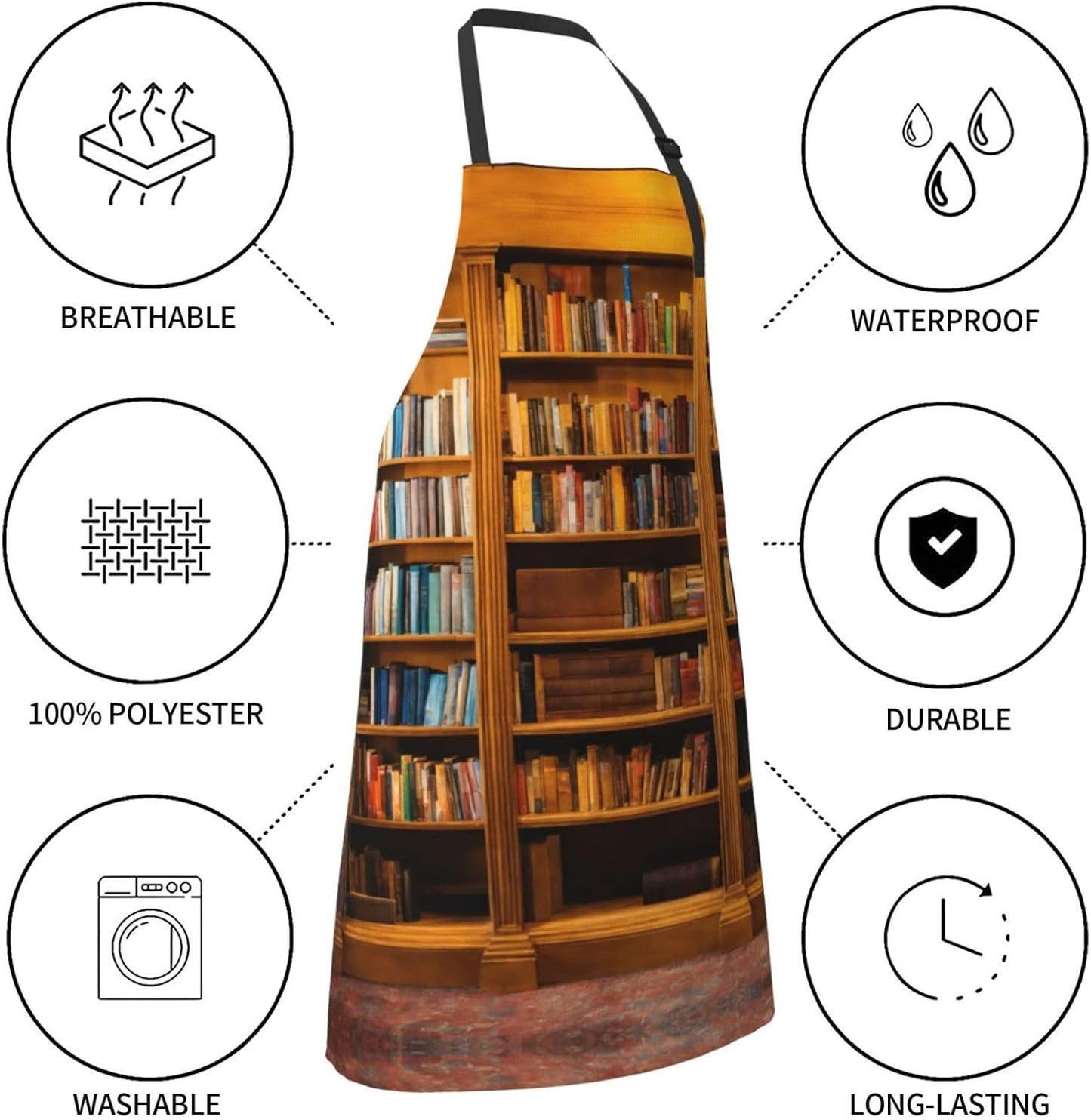 books Print Laundry apron 28x33 In Waterproof Kitchen Apron with Pockets for Cooking Baking