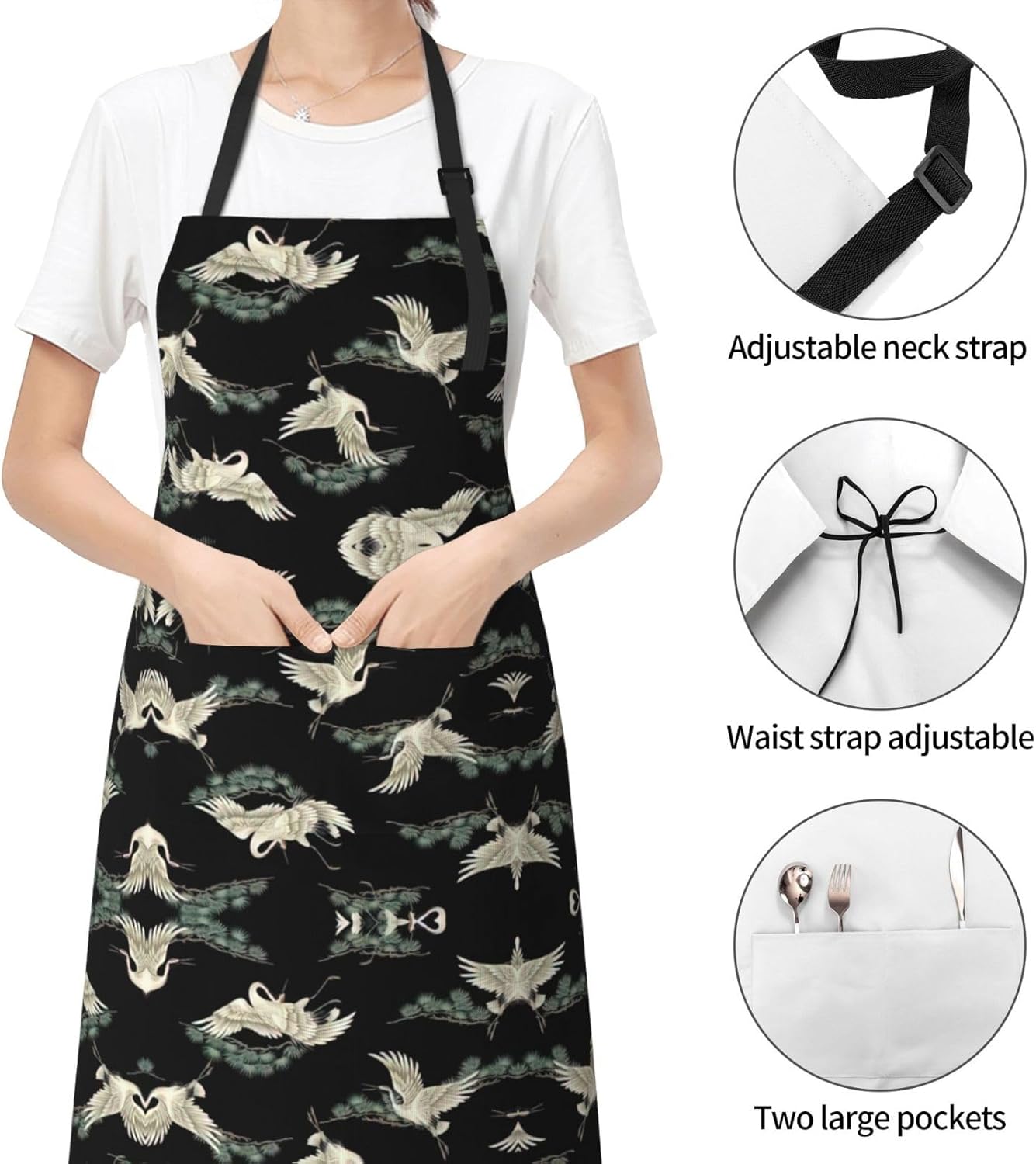 Japanese Crane & Pine print Waterproof apron with pocket adjustable cooking apron for adult kitchen bibs to bake