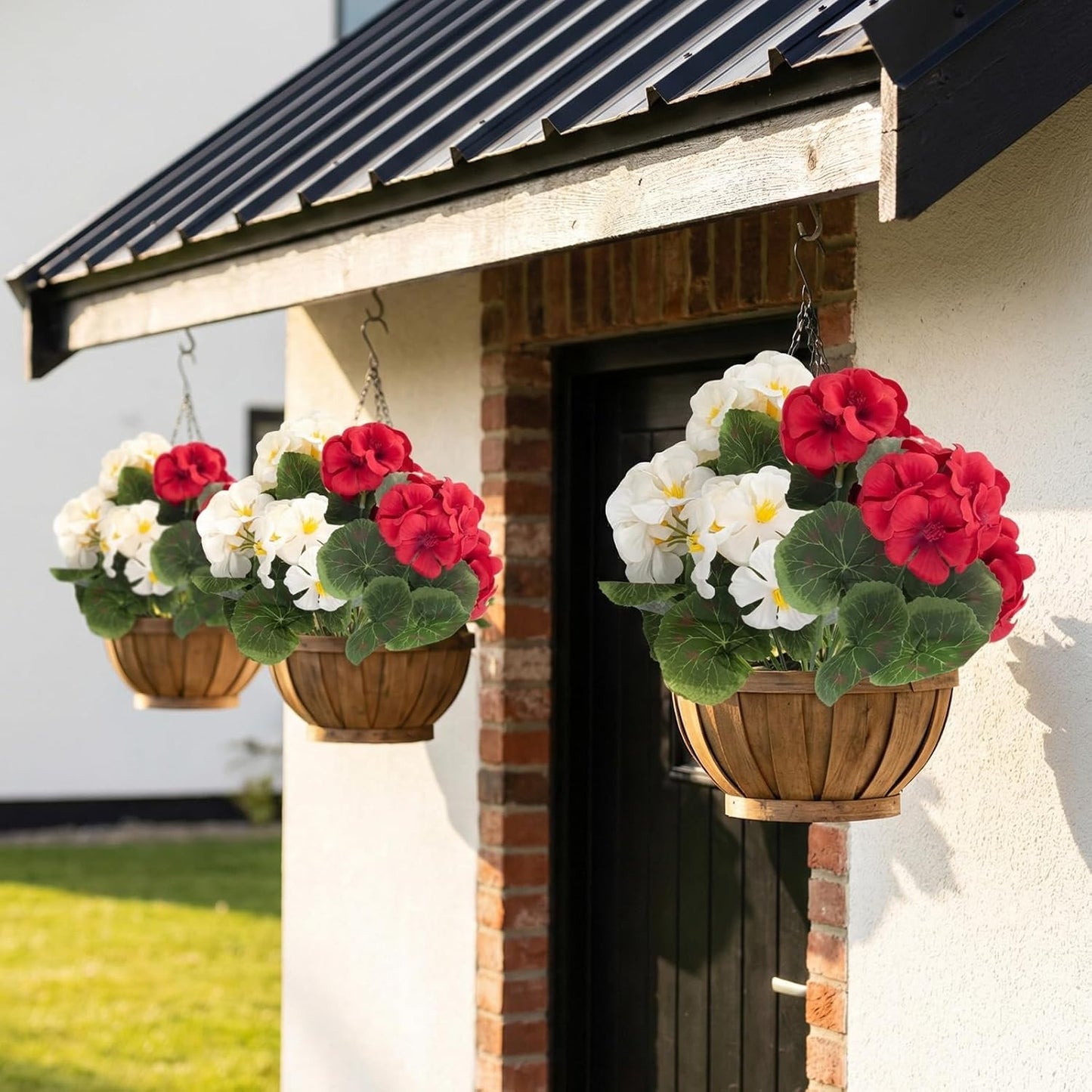Artificial Flowers, Artificial Plants Outdoor, Artificial Geraniums, Realistic Fake Flowers, Porch Decorations, for Garden, Patio, Window Box, Party Wedding Decoration (6, Red, White)