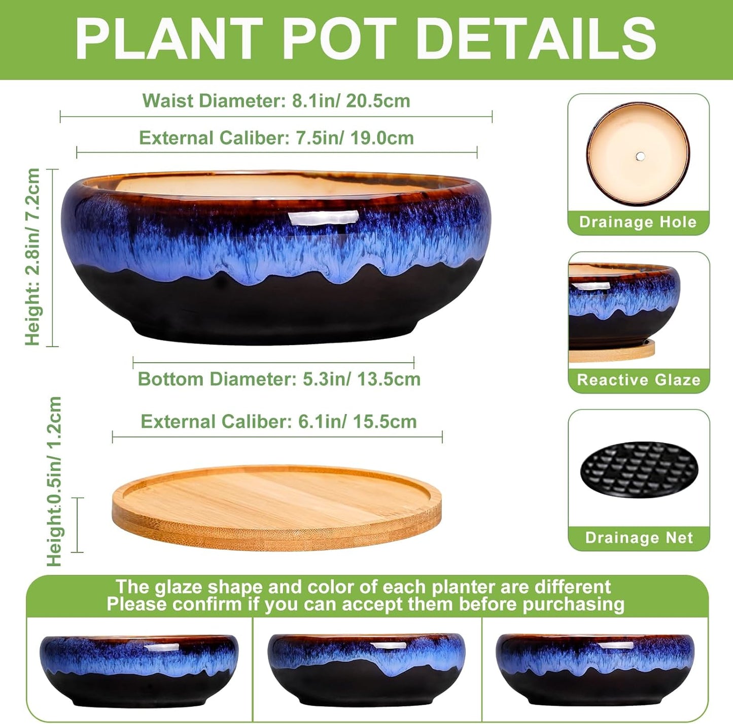 SQOWL 7 Inch Round Ceramic Succulent Planter Pot Drip Glazed Shallow P