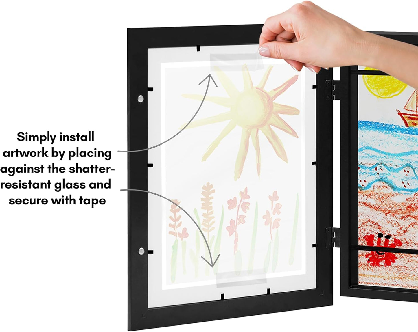Americanflat Kids Artwork Frame Changeable (Black) - Magnetic Door Holds 100 Art Pieces - 8.5x11 Letter Size Display with Mat or 10x12.5 Without Mat - My Mini Masterpiece