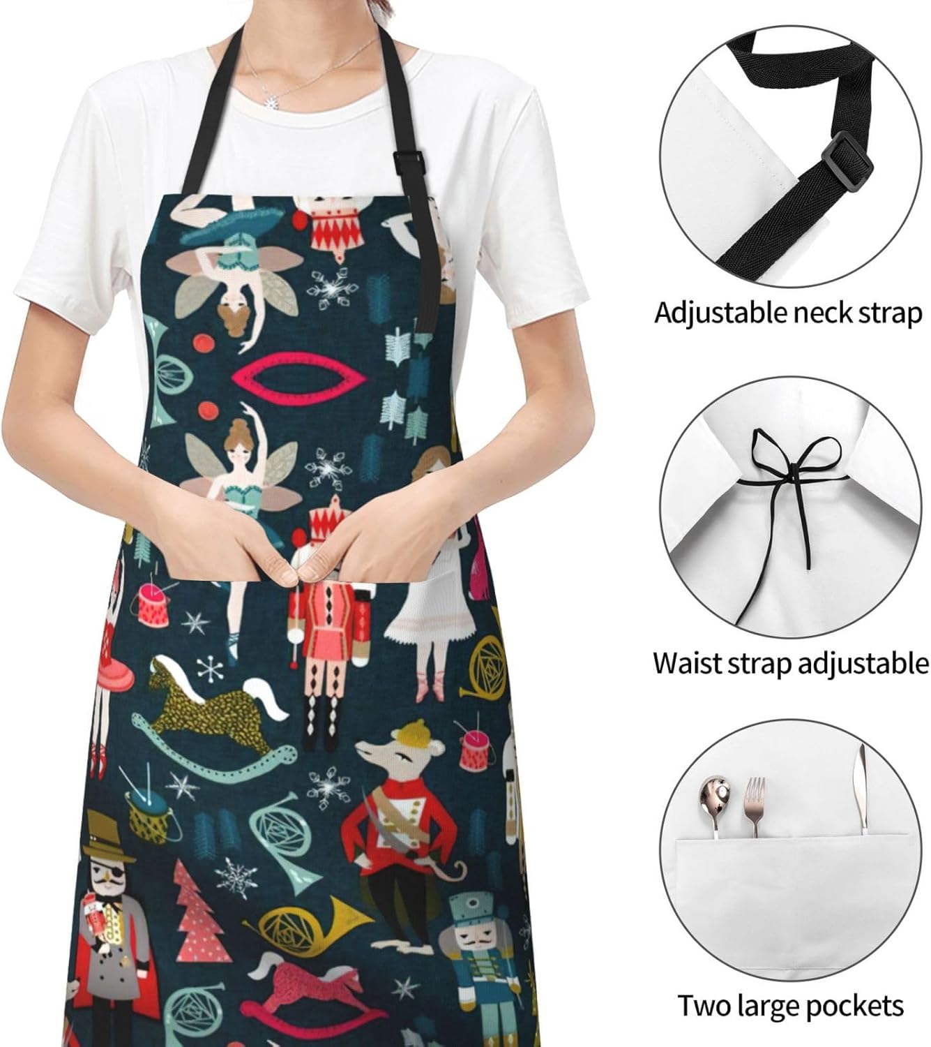 Women's Nutcracker Ballet Xmas Dance print Waterproof apron with pocket adjustable cooking apron for adult kitchen bibs to bake