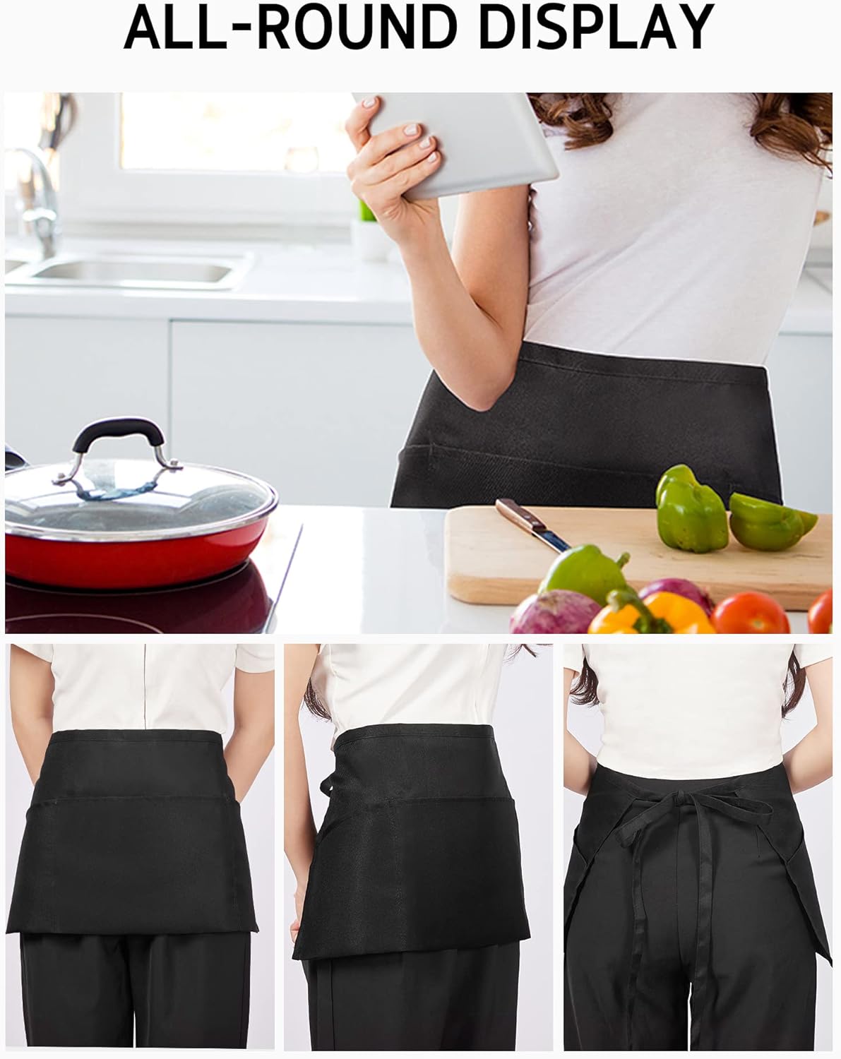 Syntus 3 Pack Server Aprons with 3 Pockets, 100% Cotton Waitress Waite