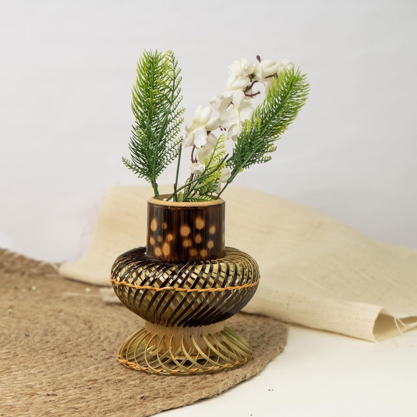 Handmade Bamboo Flower Vase - Natural Rustic Planter Pot for Indoor Outdoor Plants - Eco Friendly Farmhouse Boho Home Decor Centerpiece for Christmas Thanksgiving Idea