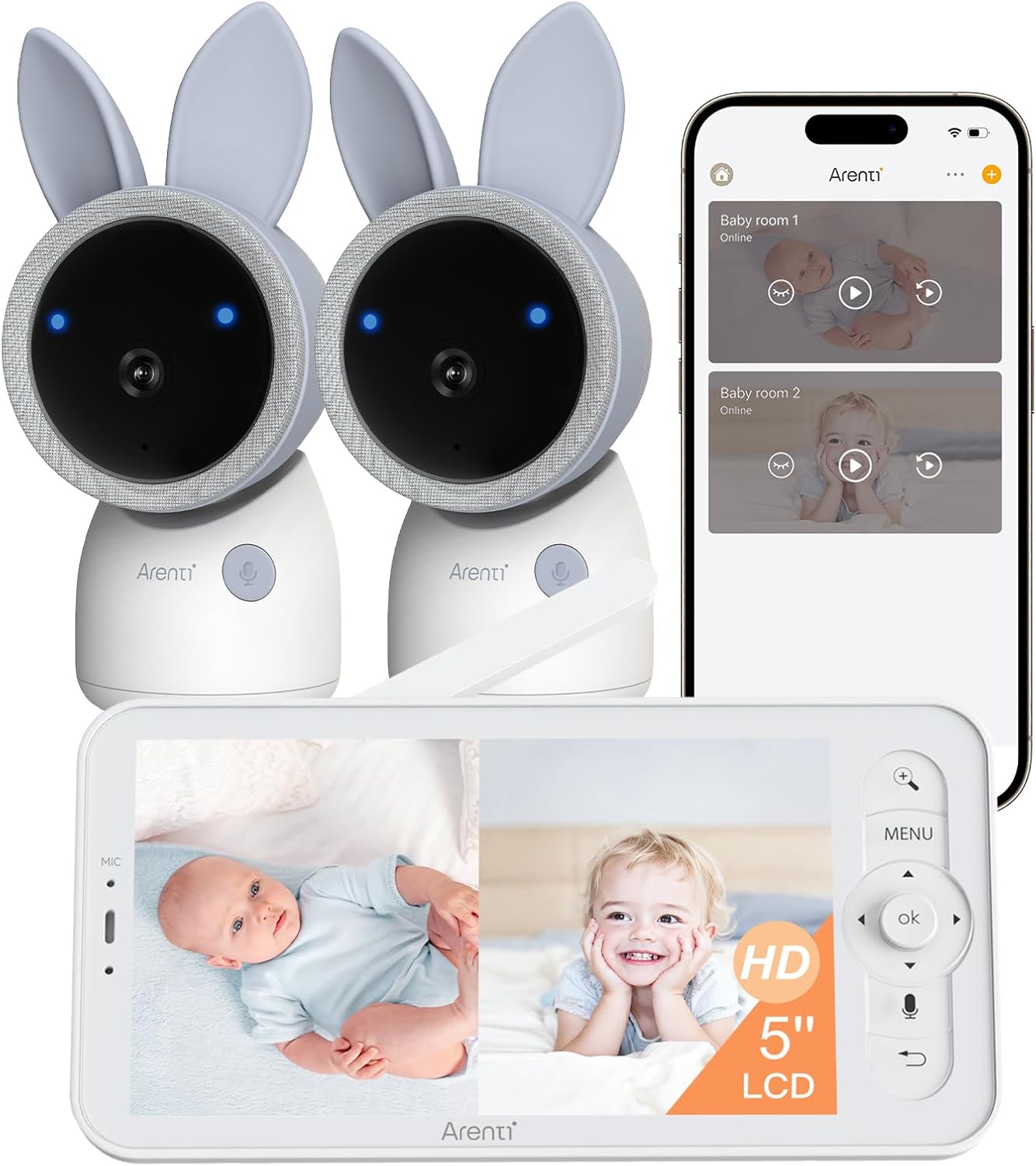 ARENTI 4MP Baby Monitor with 2 Cameras, 5" Screen Video Baby Monitor, 