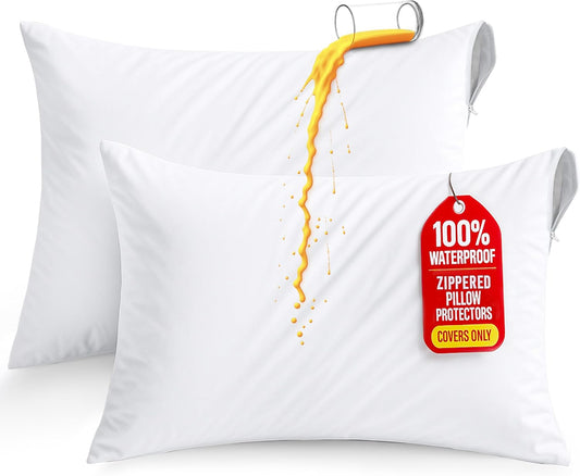 Set of 2 Pillow Protectors with Zipper Standard Size, Bed Bug and Dust Mite Proof Pillow Covers, Ultra Soft Pillow Encasements, Moisture Wicking and Waterproof Pillow Cases by Utopia Bedding (White)