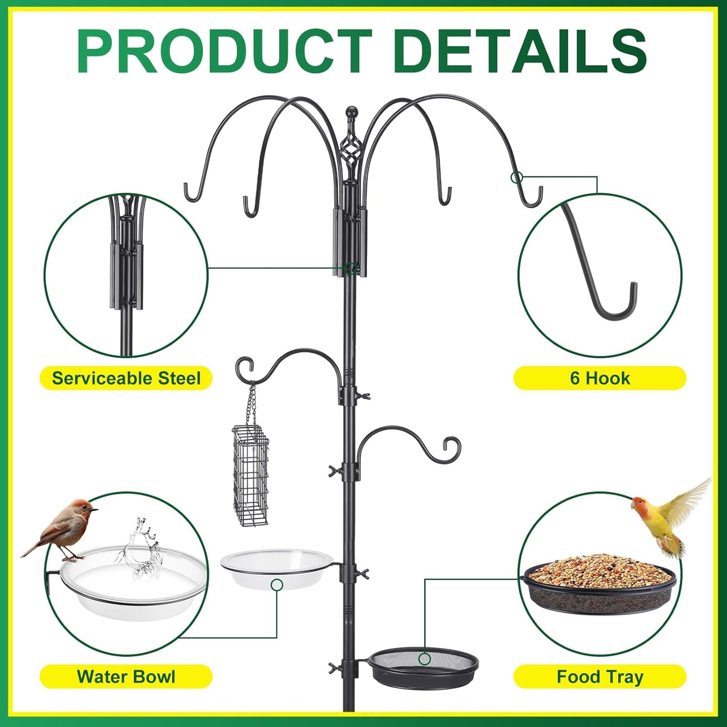 Adjustable Shepherd Hook Stand, 34"- 55" Black Iron Shepherd Hook with Base for Plant Hanging, Wind Chime & Bird Feeder - Outdoor Garden Porch Decoration(Elegant Style)
