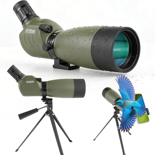 20-60x60 Spotting Scope, IPX7 Floating Waterproof Spotting Scopes for Target Shooting with Tripod BAK4 Prism & FMC Lens, Spotter Scope for Birding Wildlife Viewing, Phone Adapter Carrying Bag, Green