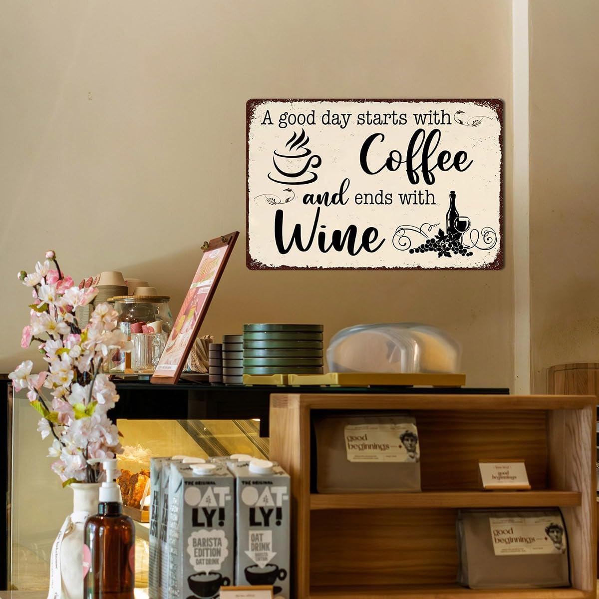 A Good Day Starts with Coffee and Ends with Wine Metal Tin Sign – 8x12