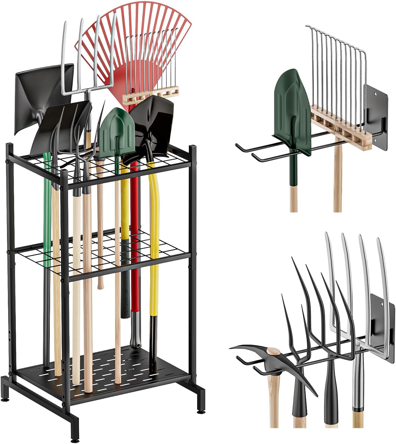 Garden Tool Organizer with 2 Pack Wall Mounted Racks, Holds 35+ Long-Handled Tools, Heavy Duty Metal Yard Tool Storage Stand for Garage, Shed & Outdoor Organization, Black