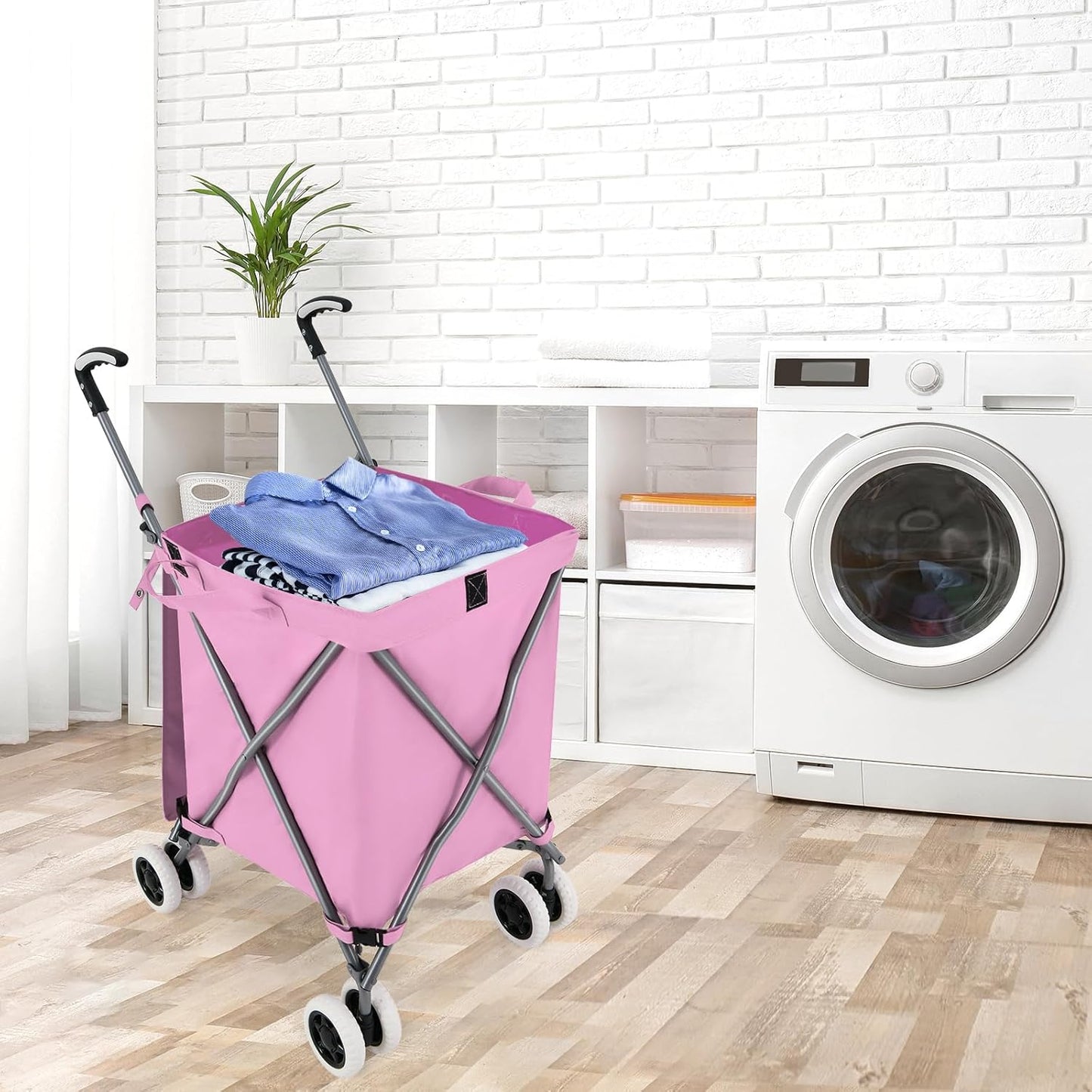90L Folding Shopping Trolley, 8-Wheel Large Utility Push Cart with Removable Waterproof Bag and Cover, Metal Lightweight Rolling Grocery Trolley for Mobility (Black) (Pink)