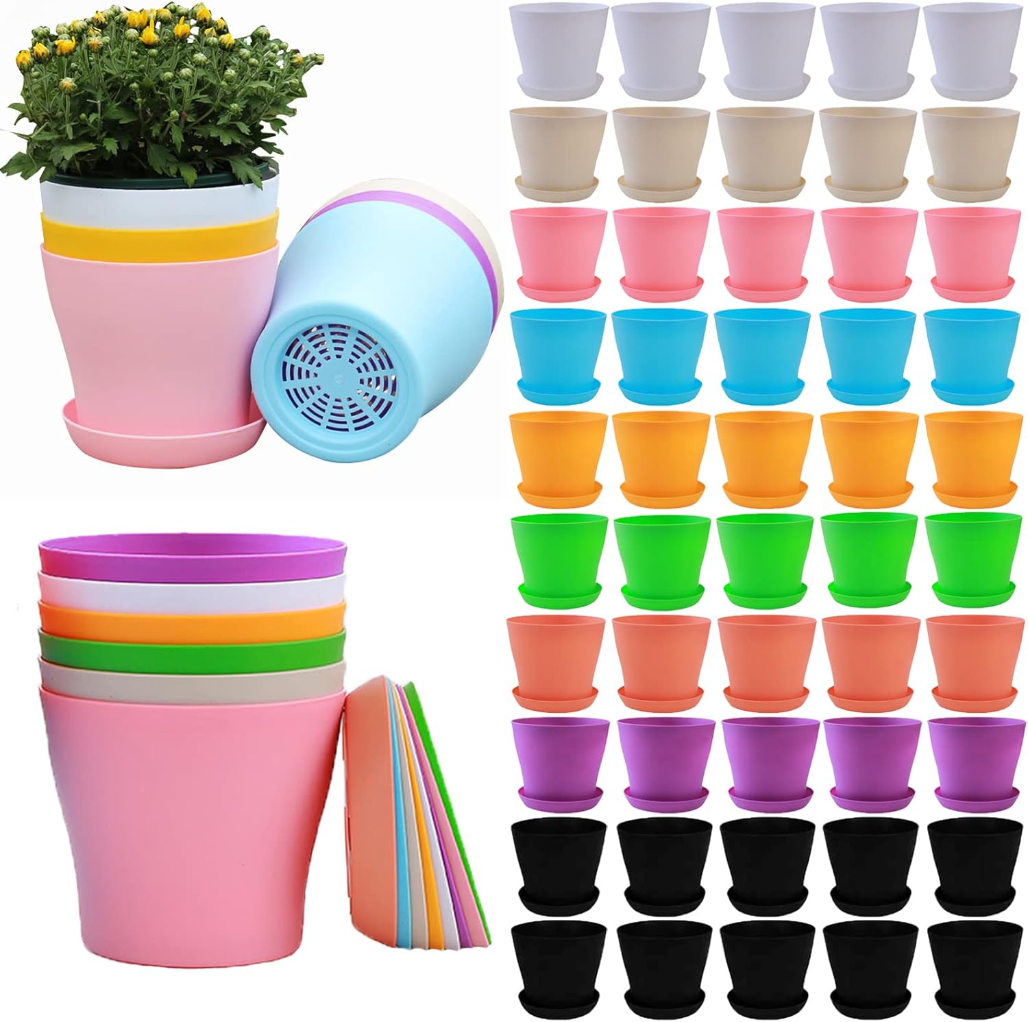 Tergy 50 Pack 4 Inch Plant Pots Bulk Small Plastic Planters Pots with 