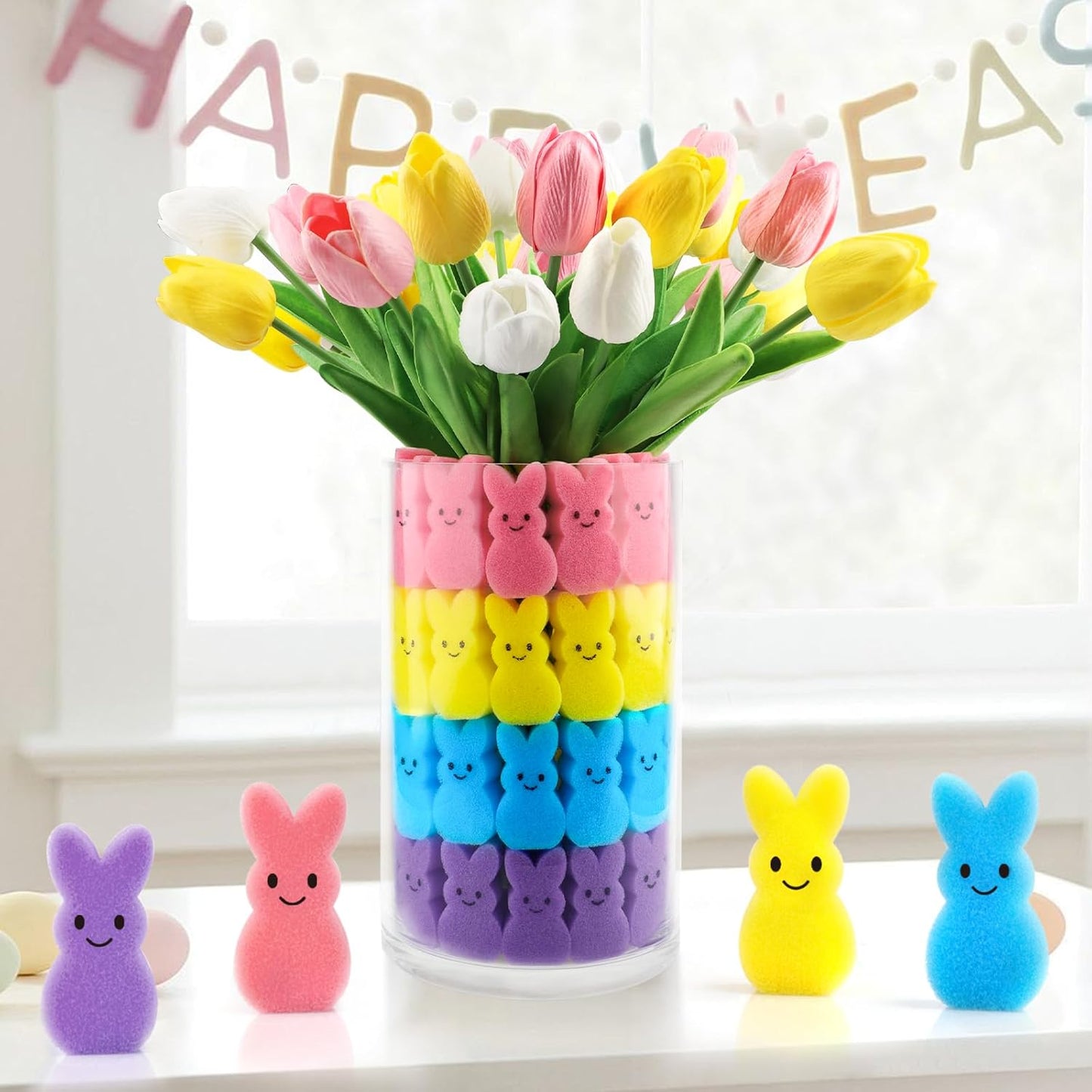 Easter Decorations Easter Decor 15pcs Artificial Tulips with 48pcs Bunnies Vase Filler Spring Decor Home Indoor Decoration Centerpieces for Tables