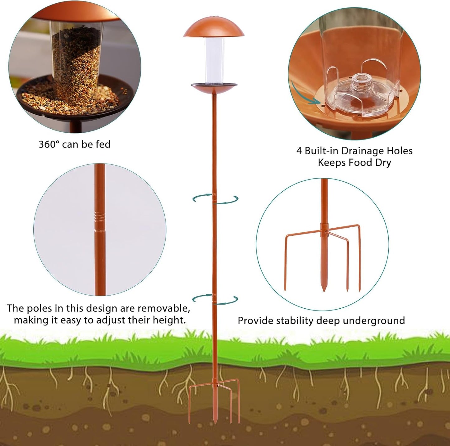 Goodeco Bird Feeder with Pole Standing - Metal Outdoor Bird Feeder for Wild Small Birds, Perfect for Yard Lawn Garden & Patio Decorations, Ideal Gifts for Mom Dad Grandparents (Round)