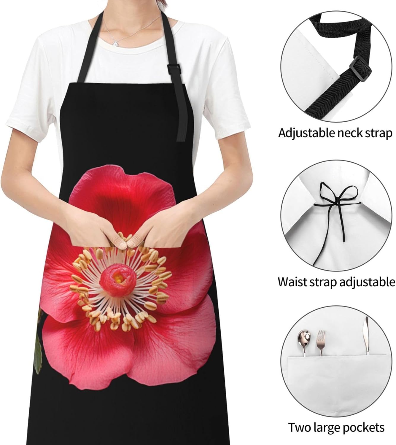 Blooming Flowers Black print Waterproof apron with pocket adjustable cooking apron for adult kitchen bibs to bake