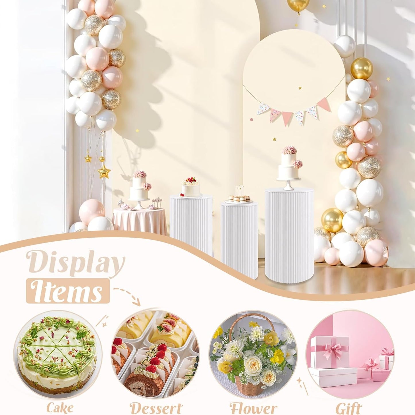 Metal Pleated Cylinder Pedestal Stands for Party, 3 Pieces Heavy Duty Round Cake Pedestal Stand Display Plinth Pillars Art Decor for Wedding Ceremony Birthday Party（Small, White）