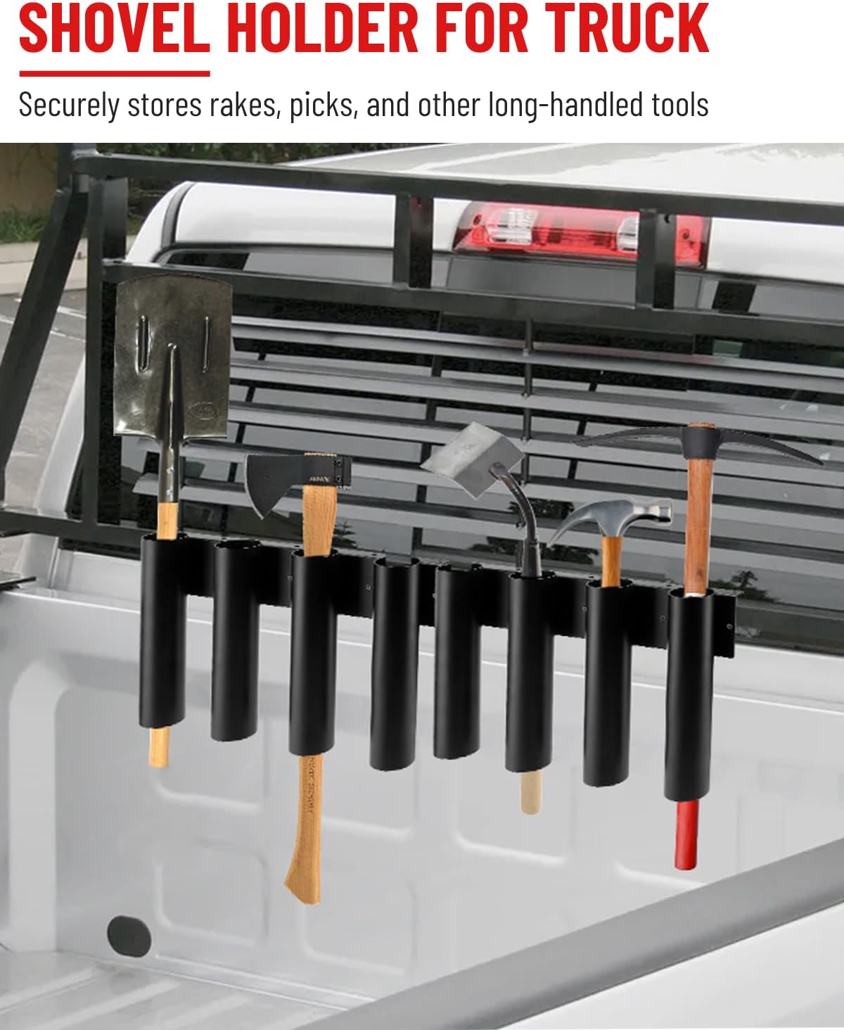 8-Hole Truck Bed Shovel Mount Holder Trailer Landscape Hand Tool Rack Organizer for Trimmer Rake Lawn Tool Utility UTV Accessories