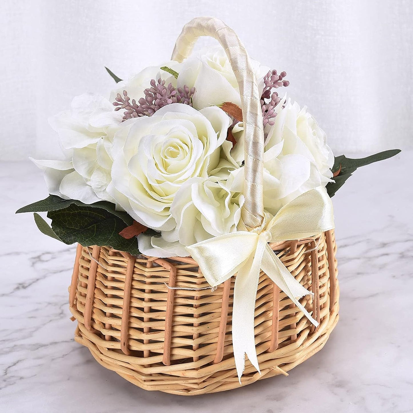 2 PCS Rattan Flower Basket.Flower Girl Carry Basket with Lace Bow Lined Handmade Wicker Carry Basket for Vintage Wedding Garden Decor