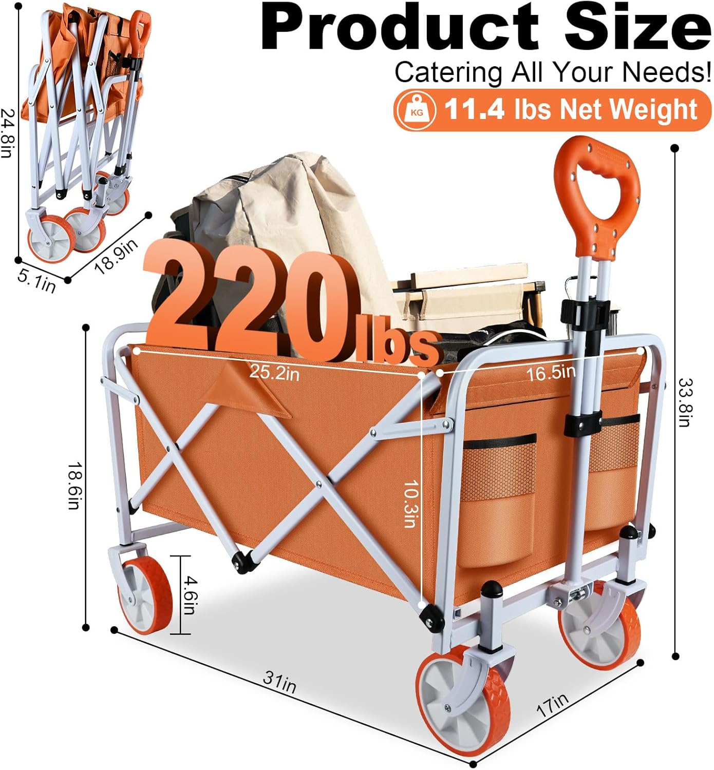 Foldable Wagons Carts with Wheels - Portable Collapsible Heavy Duty Beach Wagon, Large Capacity and Utility Lightweight Wagon Cart for Outdoor Garden Camping Groceries Shopping Picnic Sport (Orange)