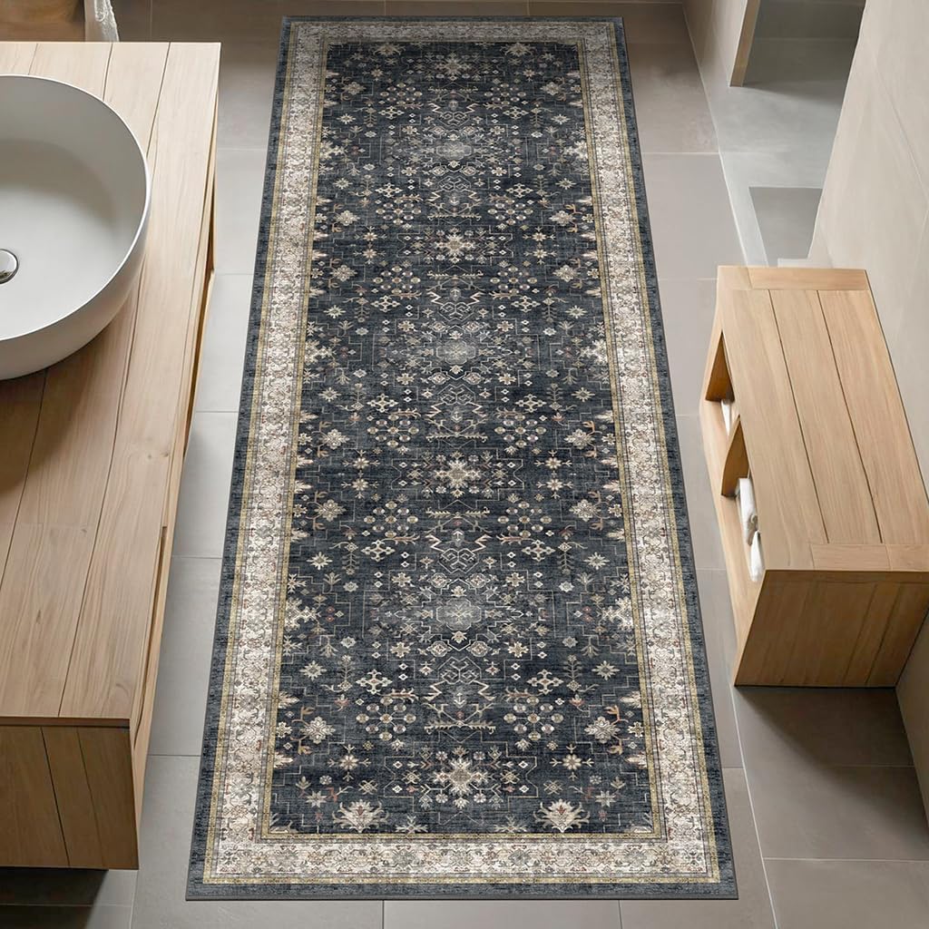 Black Boho Washable 2x6 Runner Rugs for Hallway Kitchen Bedroom Beside