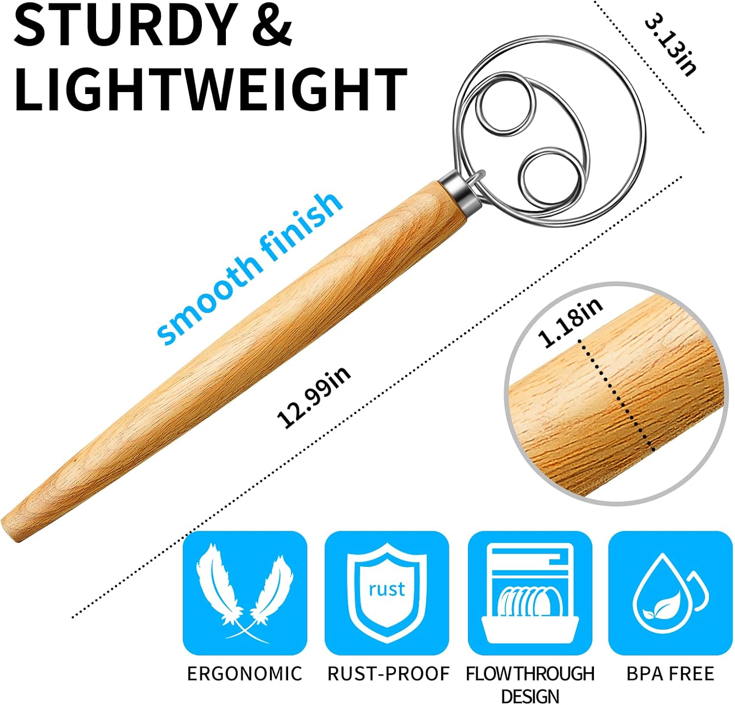 TEEVEA Danish Dough Whisk Stainless Steel Dough Hook Dutch Whisk for S