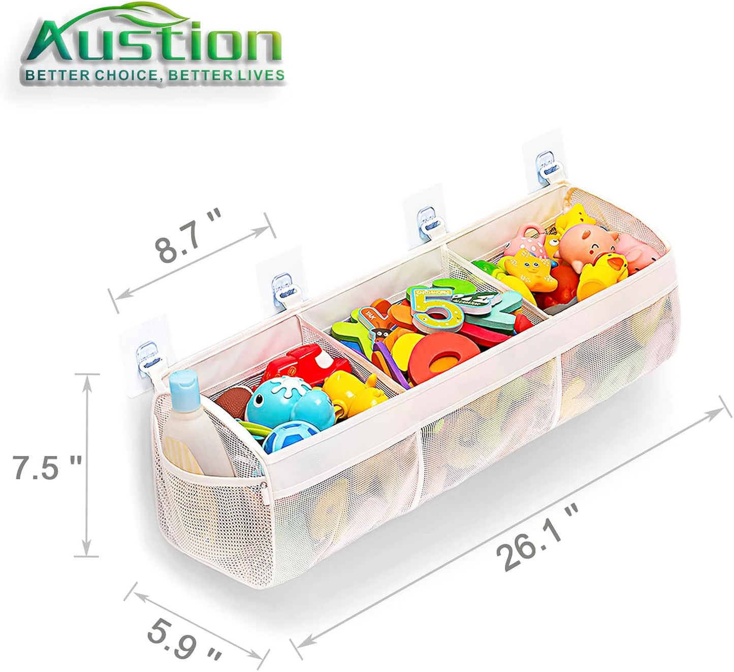Original 3 Compartment Horizontal Large Openings Bath Toy Organizer fo