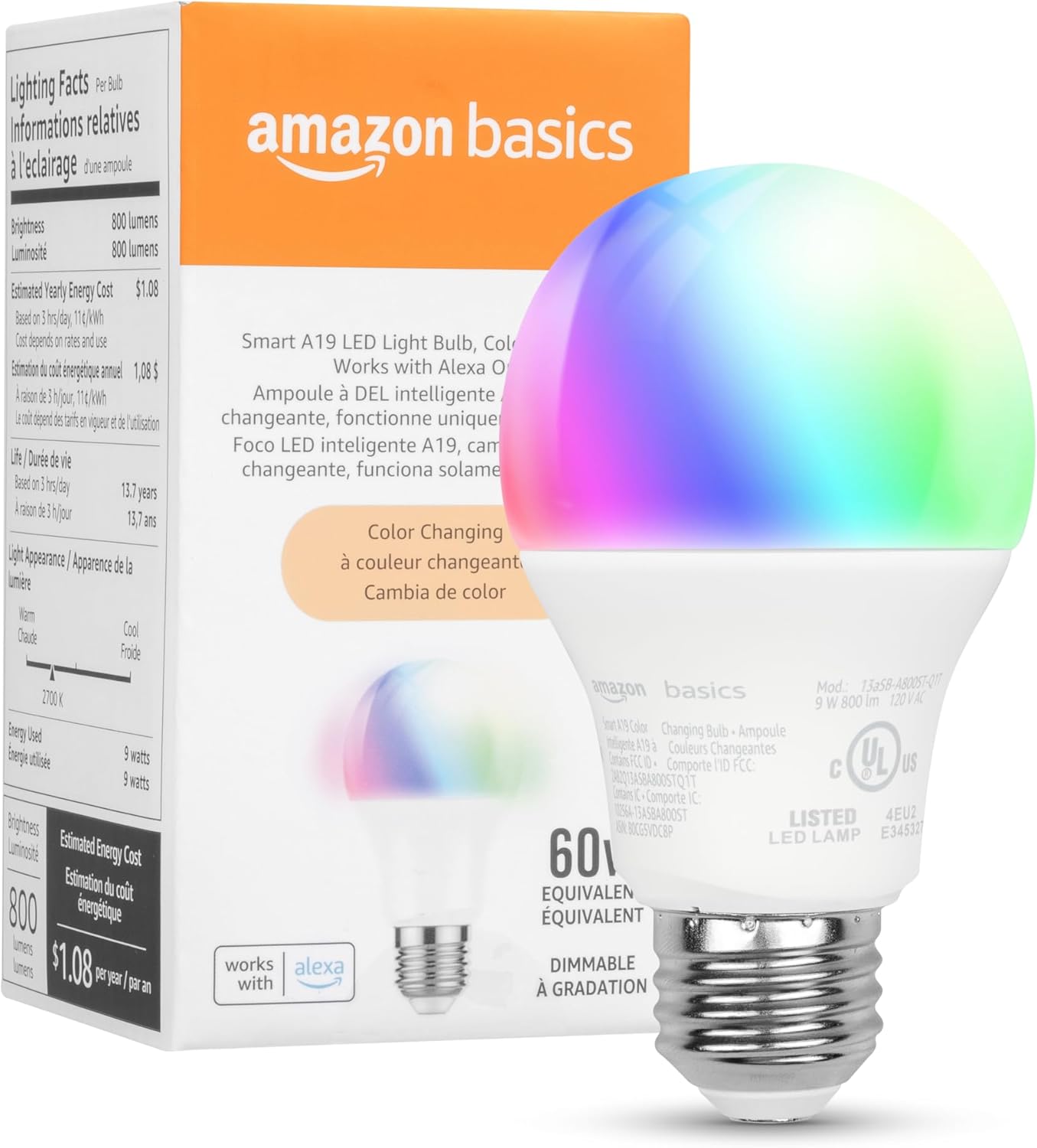 Amazon Basics Smart A19 LED Light Bulb, Color Changing, 9W (60W Equiva