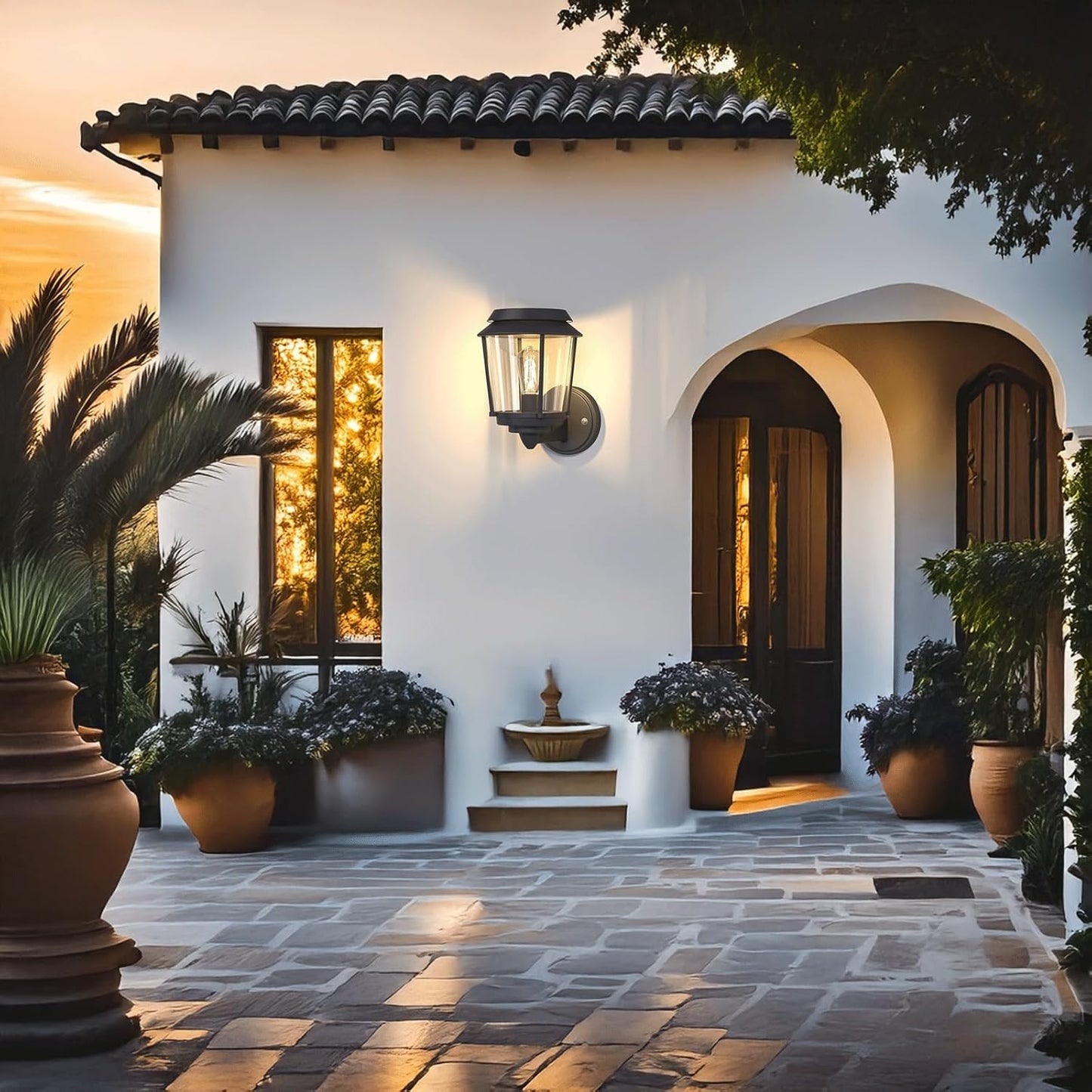 Solar Outdoor Wall Sconce Light, IP65 Waterproof Exterior Wall Lantern, Black LED Stainless Steel Wall Lamp with Clear PC Shade, Vintage Wall Mounted Fixture for Porch, Patio, Entryway