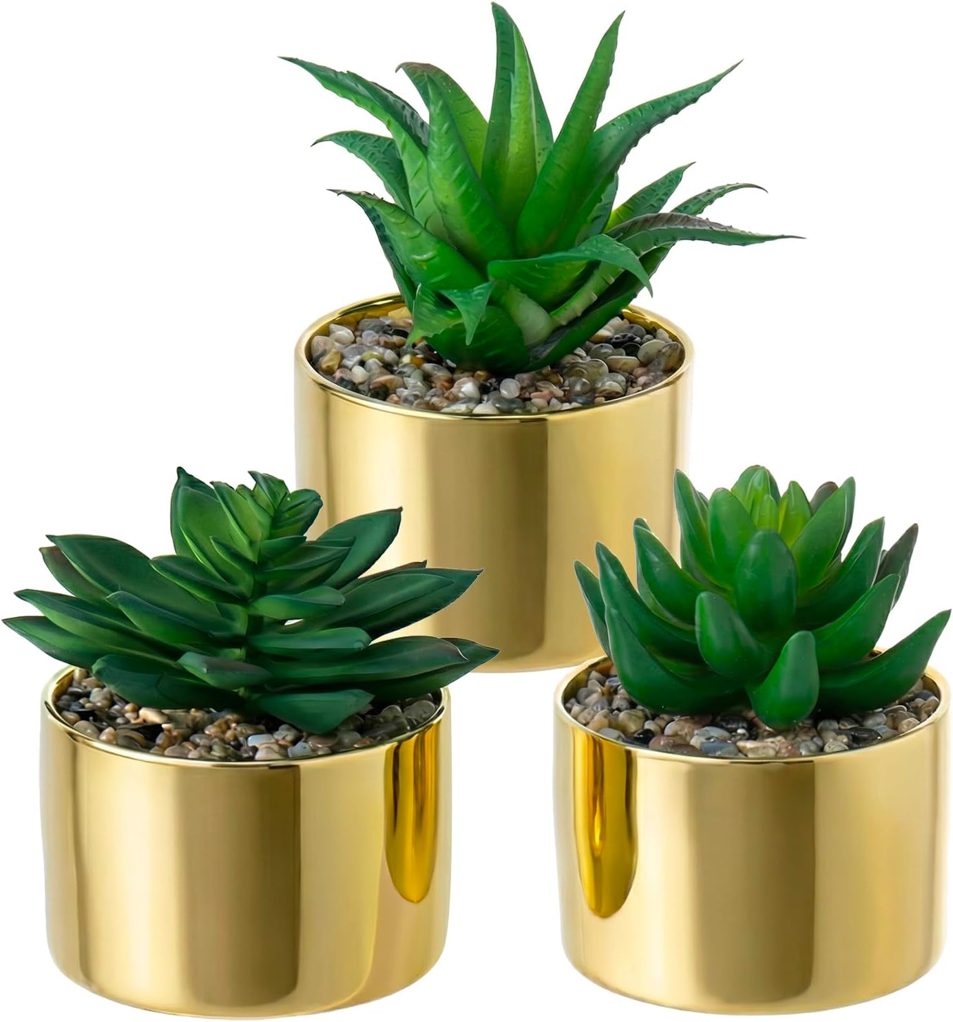MyGift Set of 3 Artificial Succulent Decorations in Modern Brass-Tone Ceramic Planter Pots