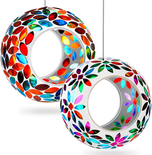 2 Pcs Mosaic Glass Hanging Bird Feeder Round Fly Through Balcony Bird 