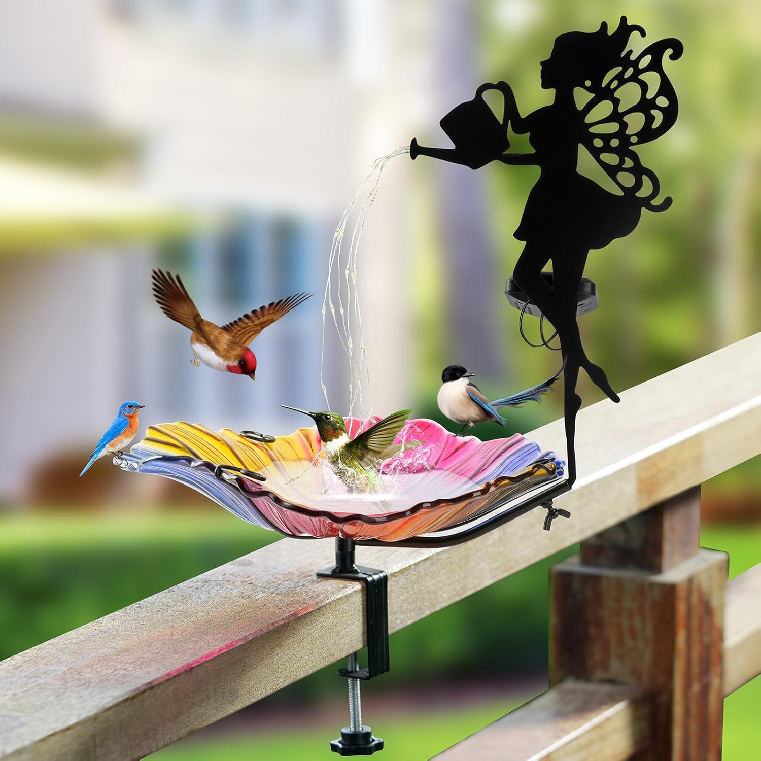 Solar Glass Colored Bird Bath，Birdbaths Deck Mounted 19.5 Inches Bird 