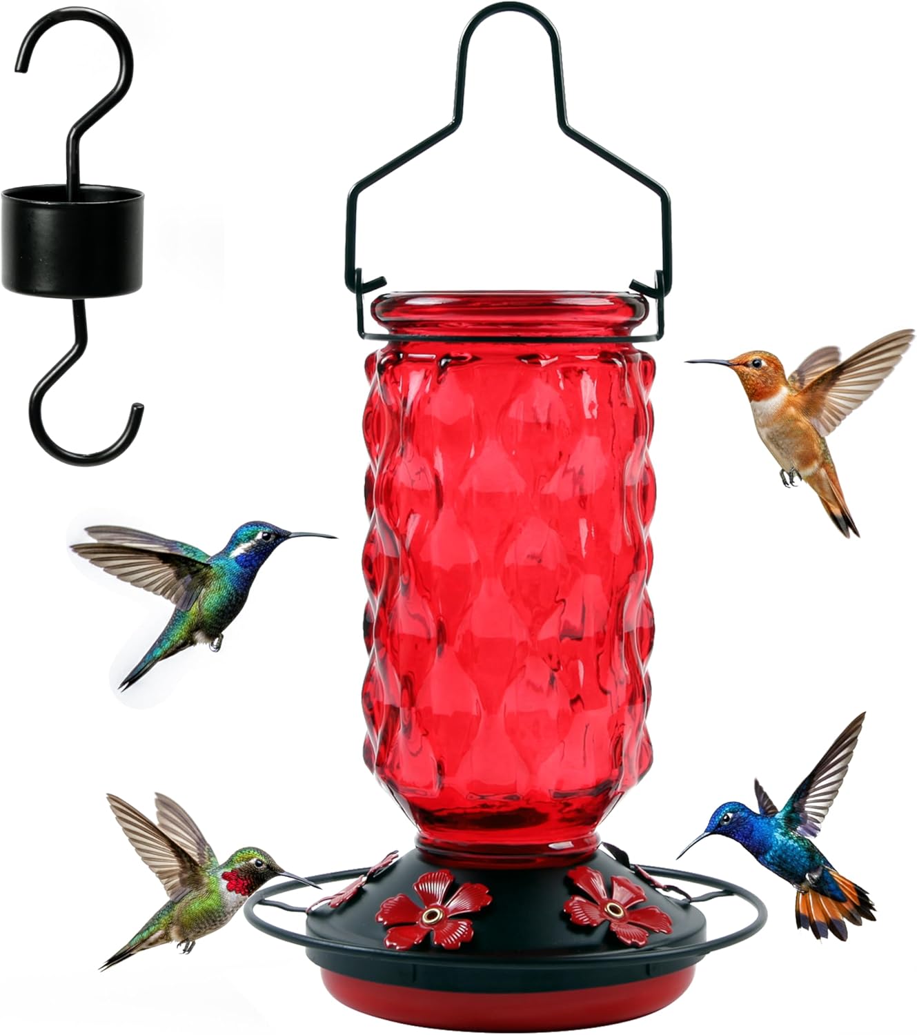 Glass Hummingbird Feeders for Outdoors - 25 OZ Red Humming Bird Hanging Nectar Feeder with 5 Feeding Port Ant Moat for Garden Tree Wildlife Backyard, Birder Ideal Gift for Women Men