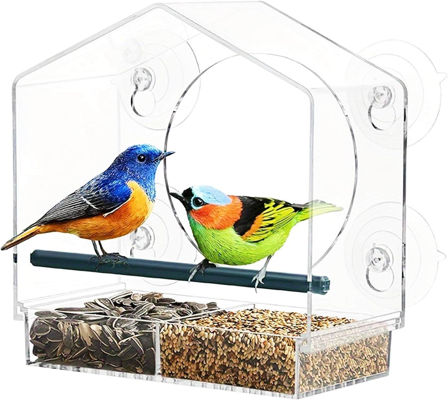 Suction Cup Bird Feeder, Spill-Proof Food Box, Detachable Clear Acrylic Feeder for Window Viewing, Indoor and Outdoor Bird Watching, Perfect for Deck, Patio, Balcony, Kids’ Observation, and Backyard