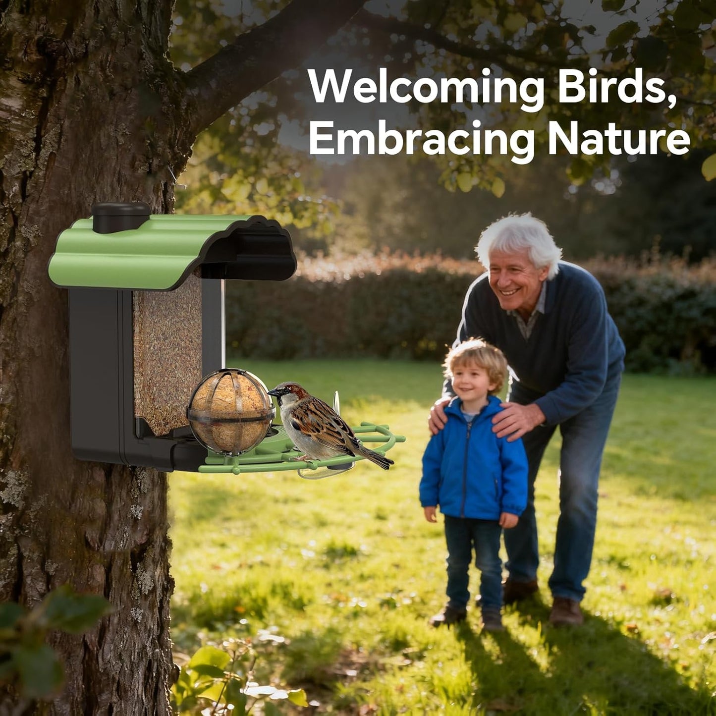 Bird Feeder for Outdoors, Outside Seed Feeders with 4 in 1 Food Tray, 2L Clear Large Capacity, Easy Mount, Suitable for Finch, Cardinal, Blue Jay, Humming, Safflower and Other Birds