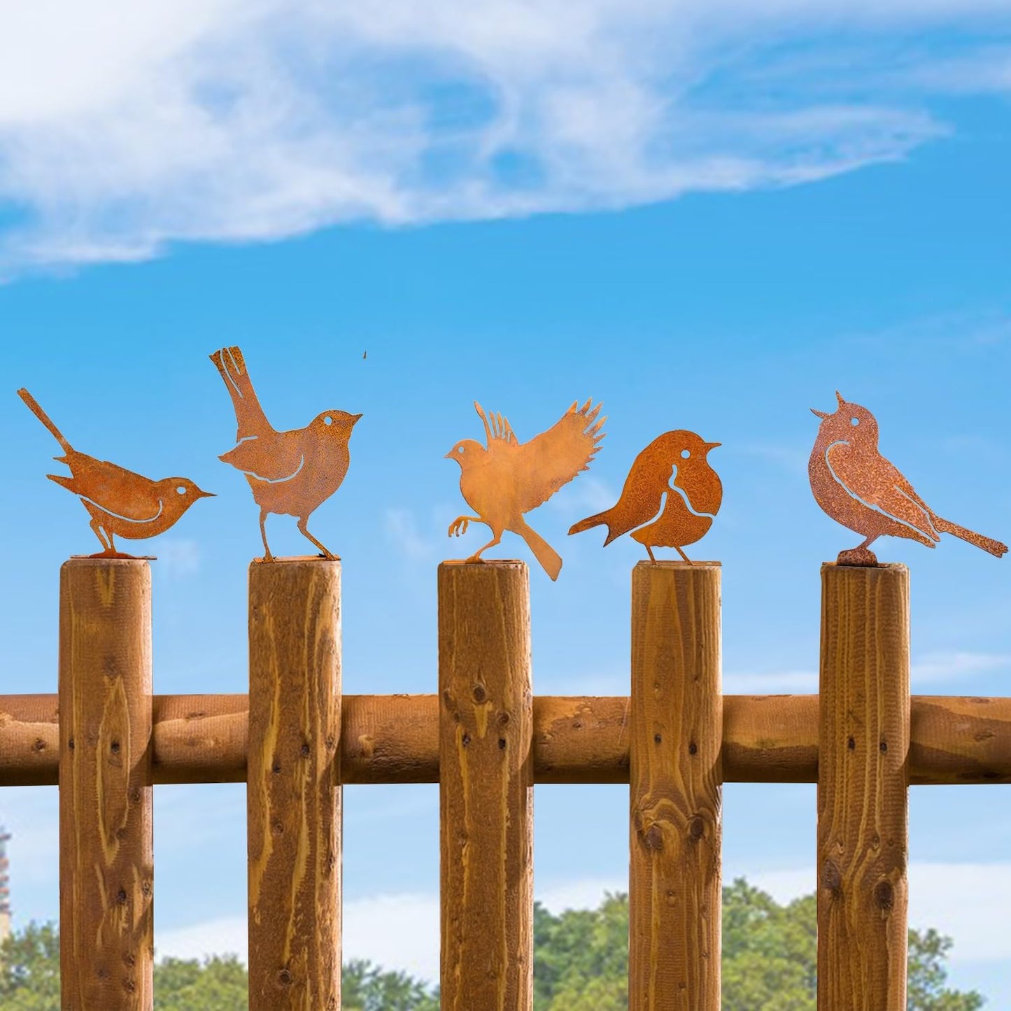 5PCS Rusty Metal Birds Decorations - Handmade Yard Art & Garden Sculptures, Rustic Metal Garden Decor for Outdoor Fences, Patio, and Bird Lovers