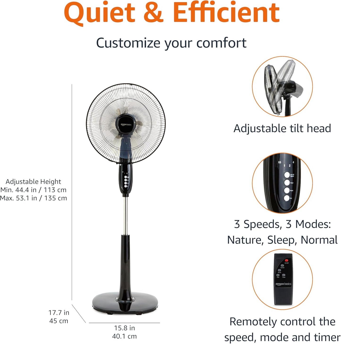Amazon Basics 16" Pedestal Fan with Remote for Bedroom, Living Room, Office, Adjustable Height, Dual-Layered Blades, 3 Speeds, 3 Modes, Timer, Tilt Head, 60W, Black