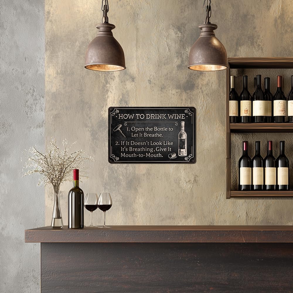 Heuhuww Funny Wine Bar Metal Sign-How To Drink Wine Wall Decor for Far