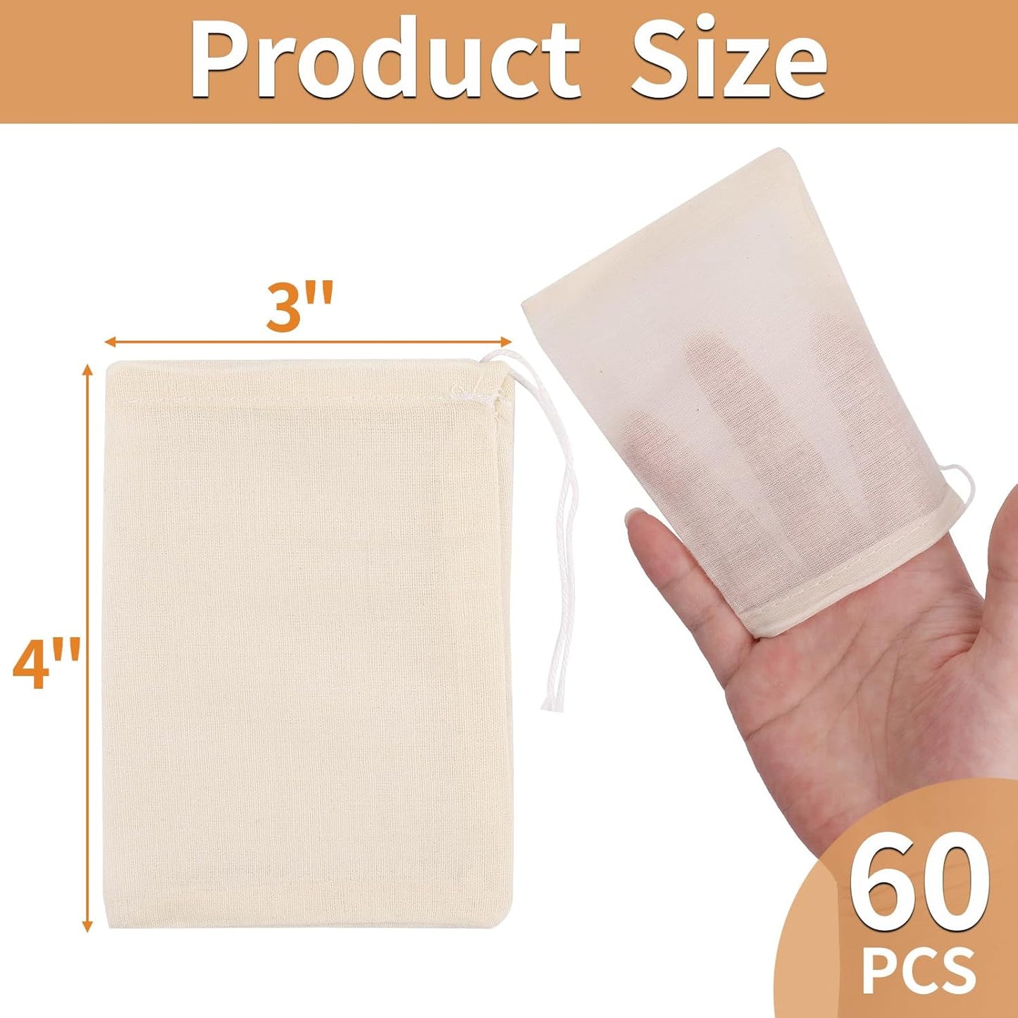 60 Pcs Empty Spice Bags for Cooking Soup, 3x4 In Natural Muslin Drawstring Bag, Reusable Tea Bags for Loose Tea, Small Cheese Cloth Cotton Bag for Straining, Unbleached Cheesecloth Herb Sachet Bag