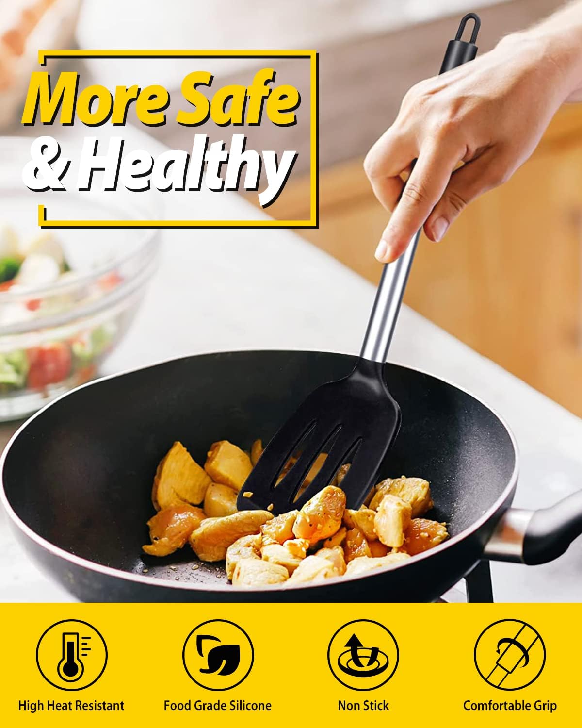 Pack of 2 Silicone Solid Turner, Non Stick Slotted Kitchen Spatulas, H