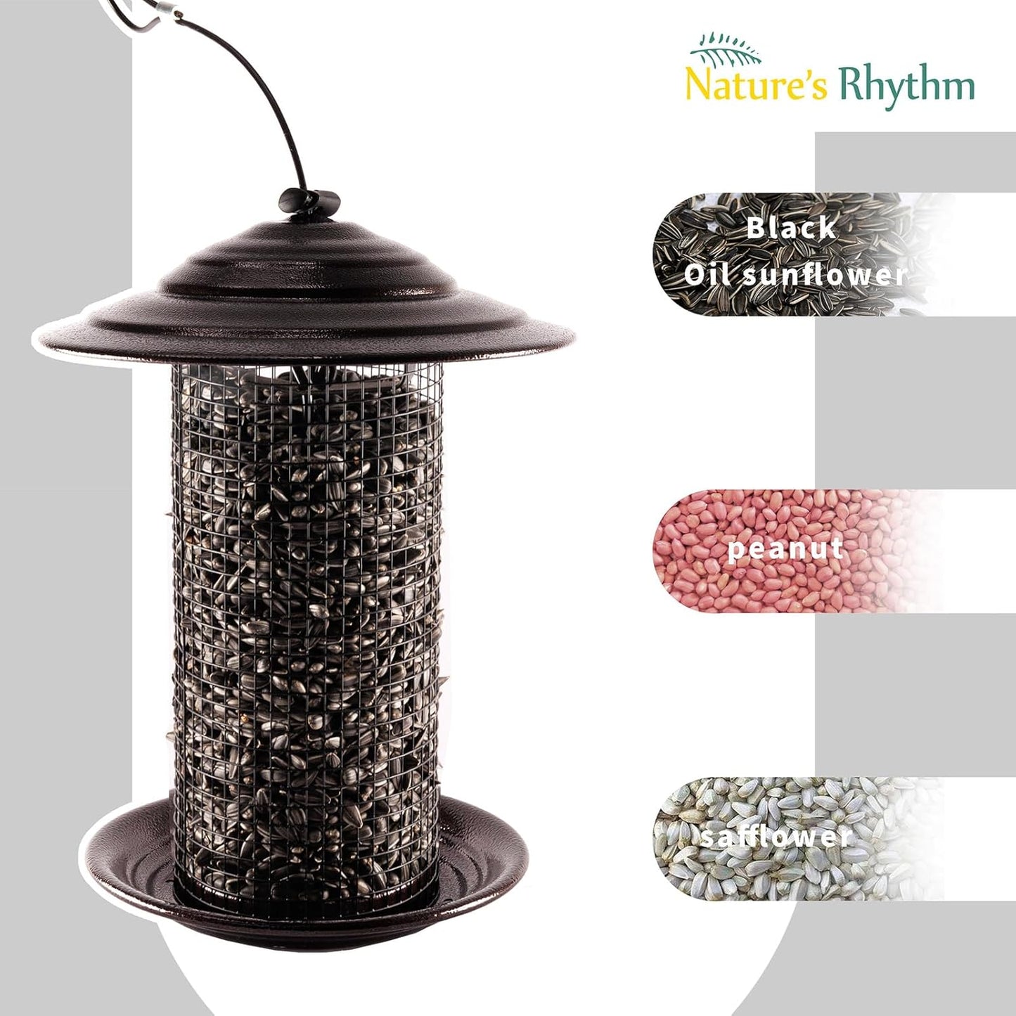 Nature's Rhythm Metal Mesh Bird Feeder, Cylindrical Feeder with Dome Lid, Holds 2.5lb of Seed, Suitable for Multiple Seeds and Birds