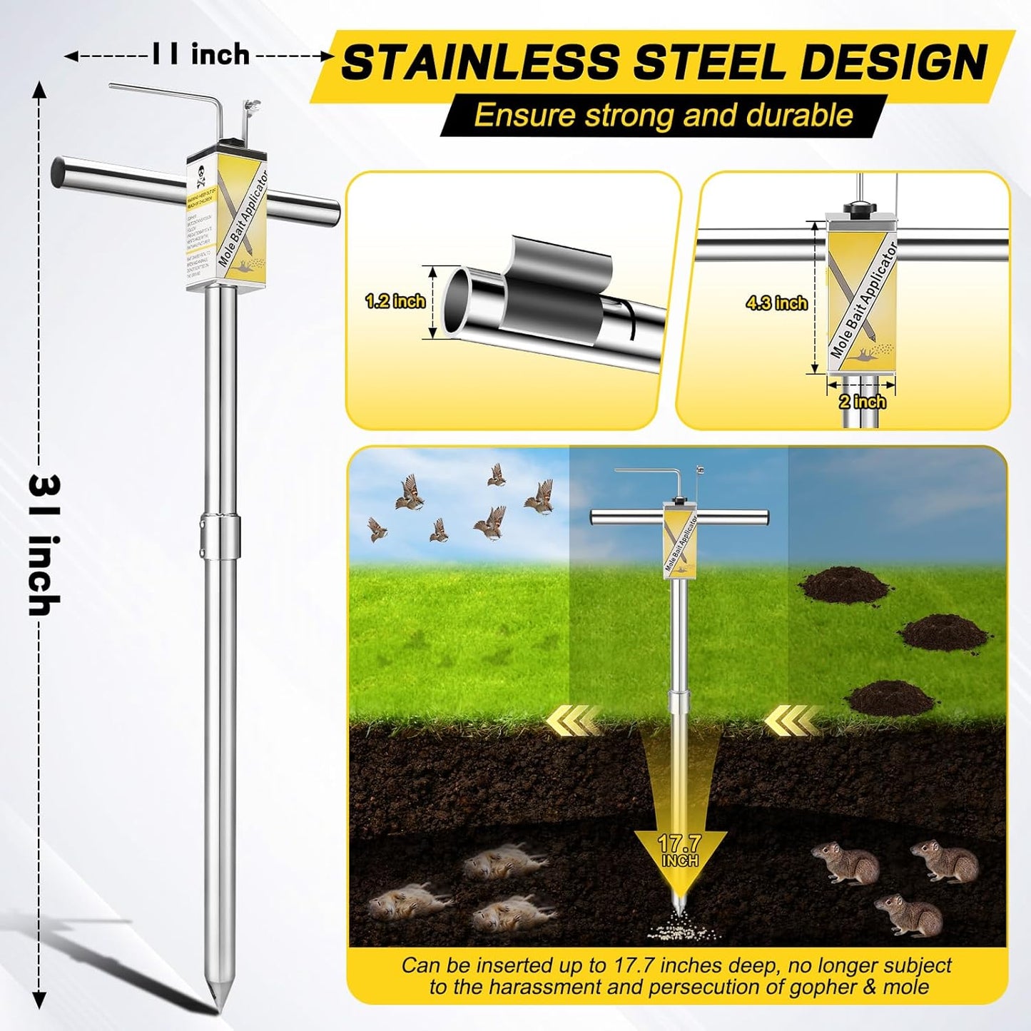 Gopher & Mole Bait Applicator, Stainless Steel Gopher/Mole/Vole Killer