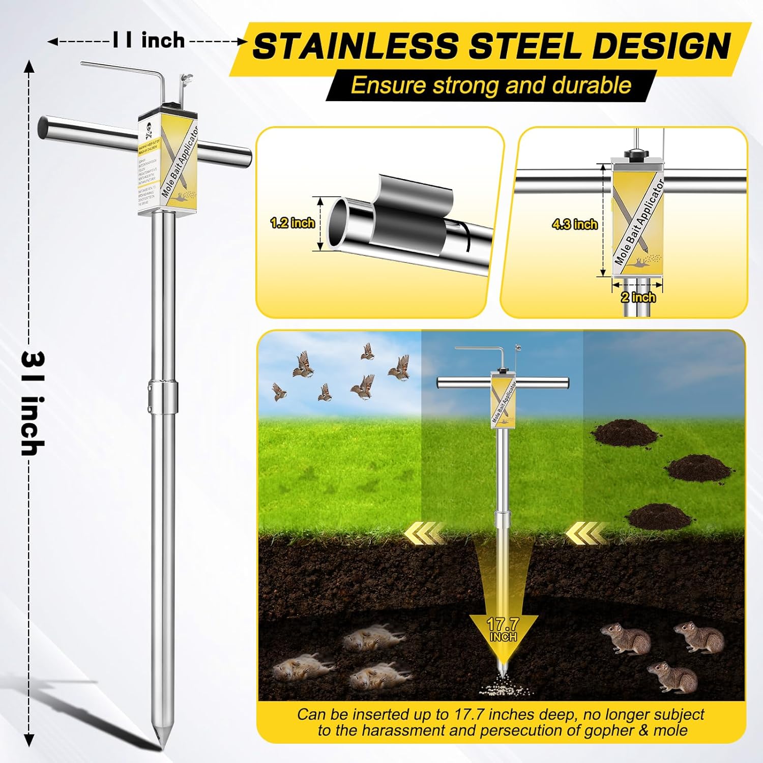 Gopher & Mole Bait Applicator, Stainless Steel Gopher/Mole/Vole Killer