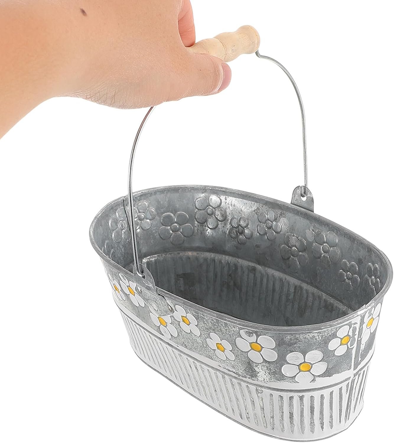 Milisten 2pcs Retro Embossed Daisy Iron Flower Buckets Oval Vintage Pl