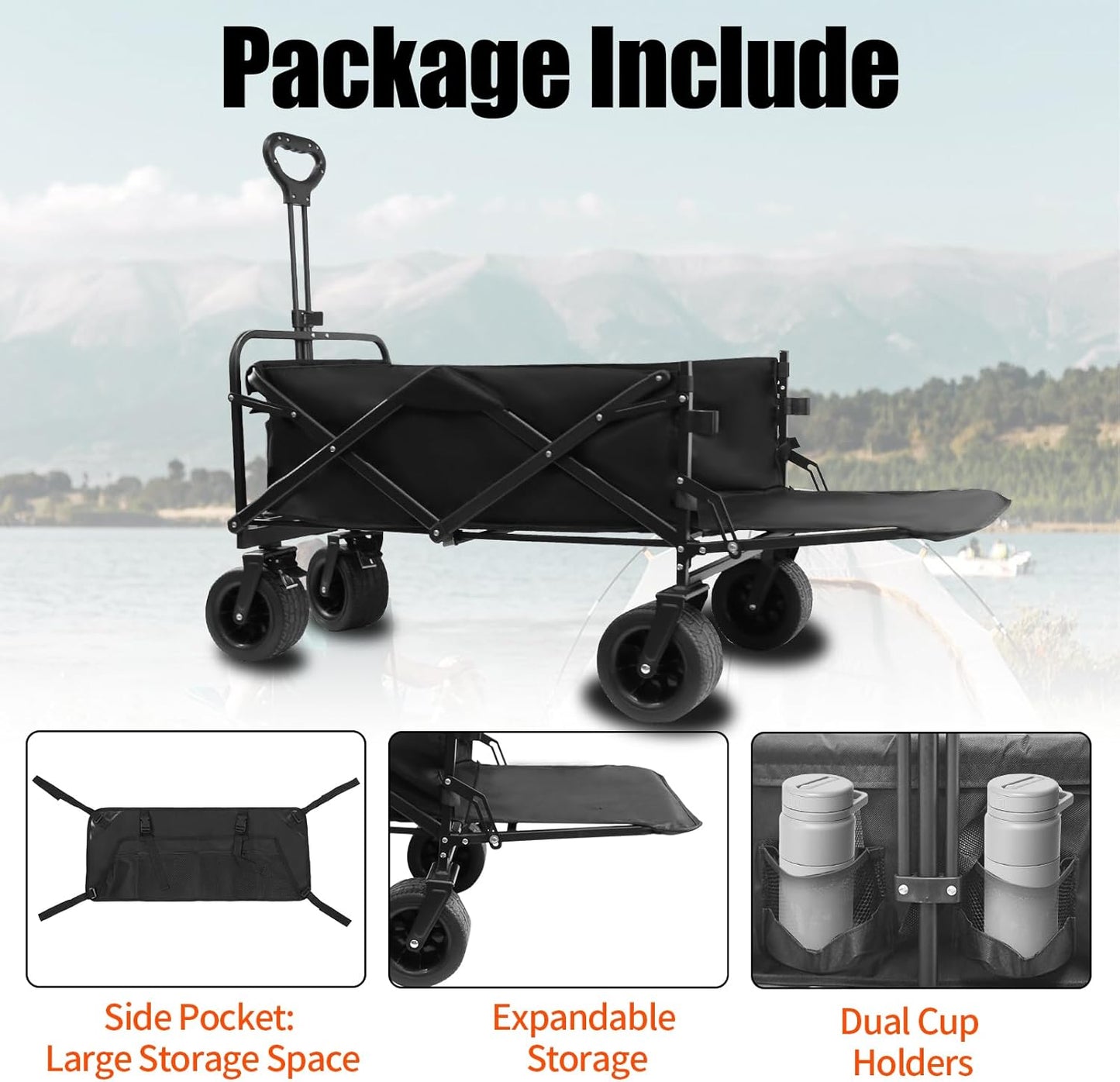 440 LBS Wagons Carts Foldable, Folding Collapsible Wagon Cart with Big All-Terrain Wheels & Cup Holders, Utility Graden Carts for Camping, Beach, Garden and Shopping