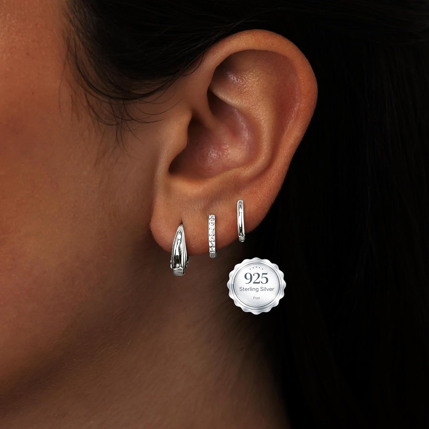Small Sterling Silver Huggie Hoop Earrings Set for Women, Hypoallergen