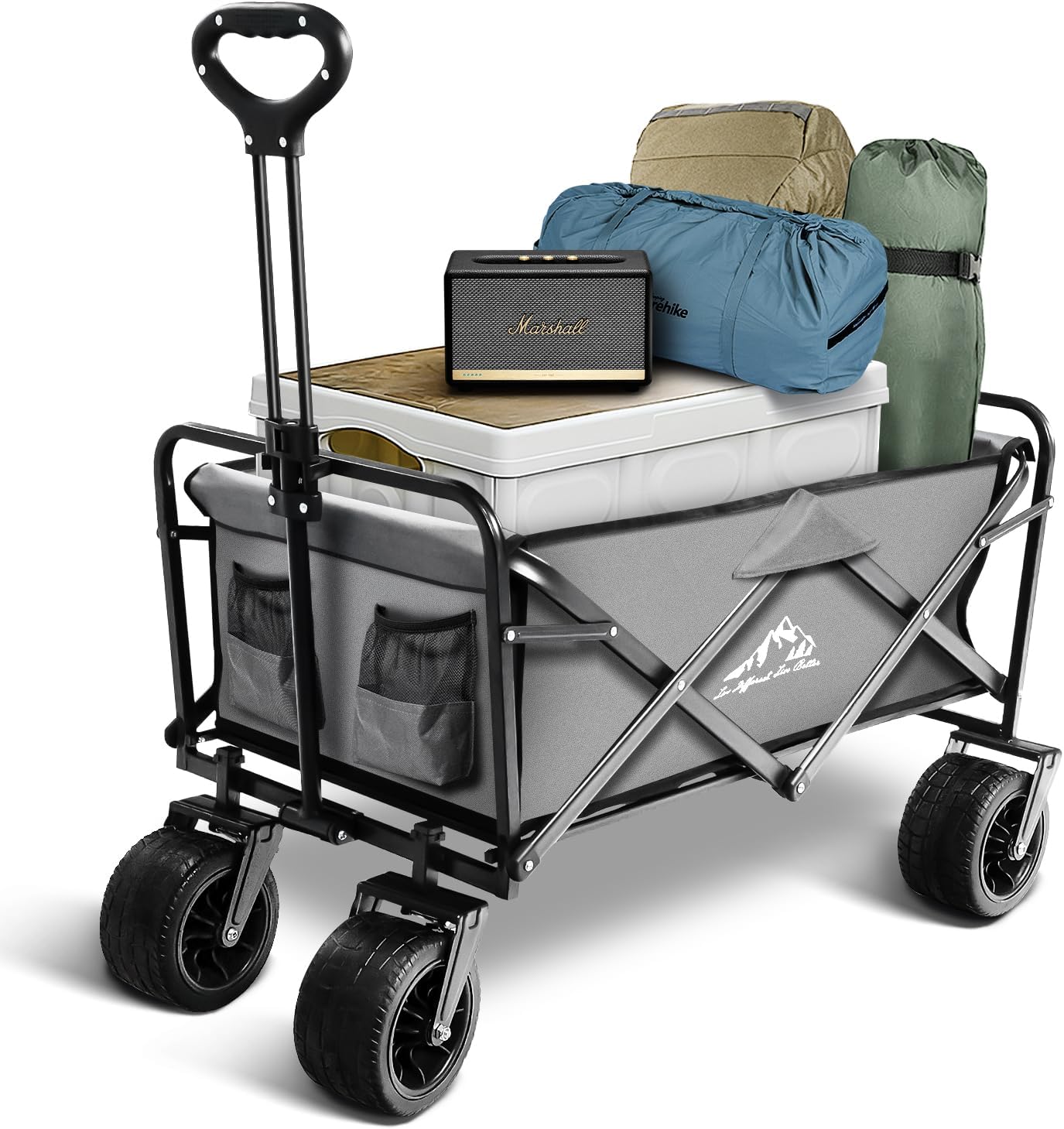 Large Collapsible Wagon Cart Heavy Duty Foldable, Large Capacity Foldable Grocery Beach Wagon for Camping Sports Shopping, Gray