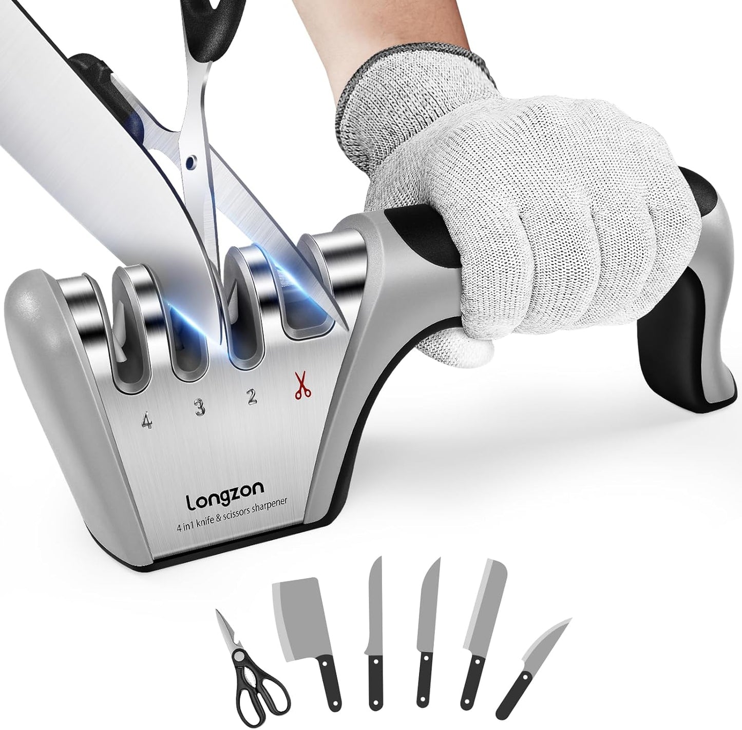 Longzon 5-in-1 Knife Sharpener [4 Stage] with a Pair of Cut-Resistant Glove,Original Premium Polish Blades, Best Kitchen Knife Sharpener Works for Fruit and Steel Knives, Scissors(Black+Silver)