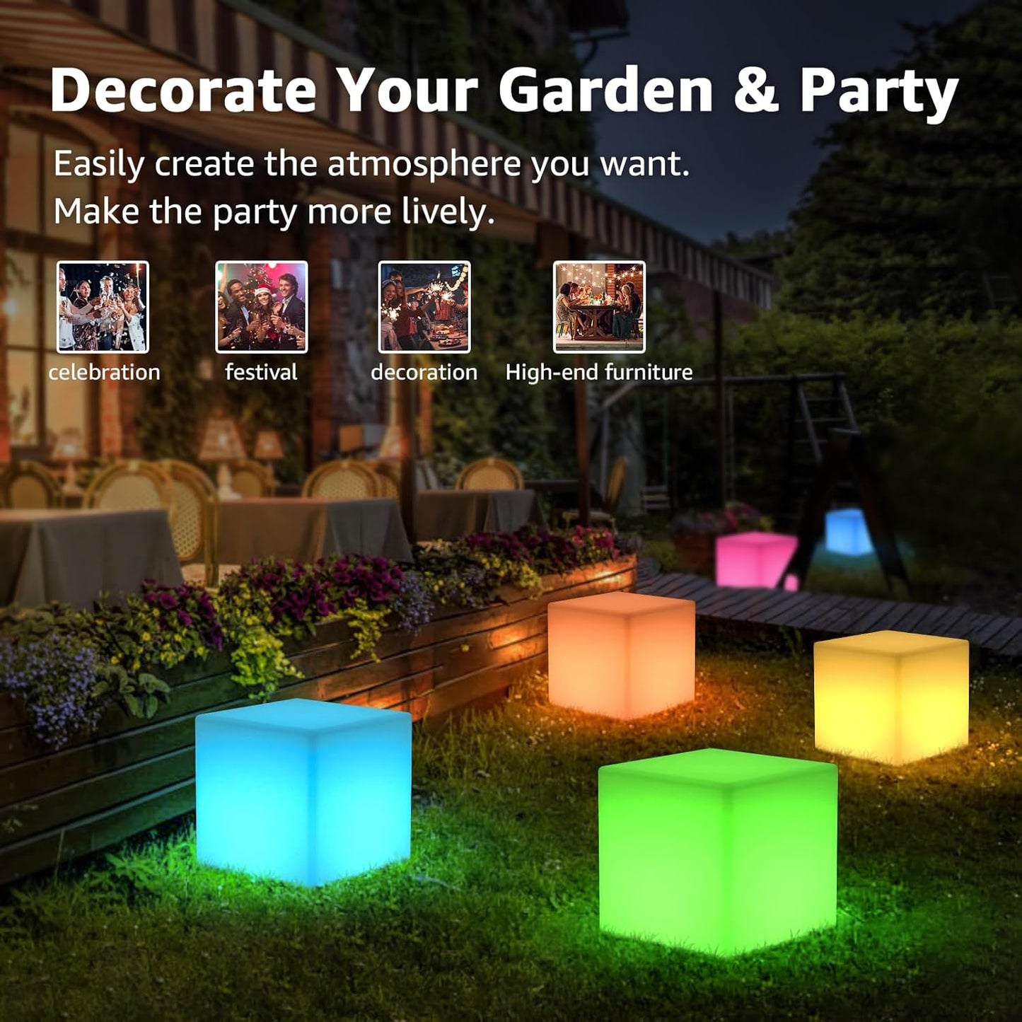 FUYO 12-inch Rechargeable LED Cube Chair Light, Solar Light Up Cube Chair, Led Cube Seat with Remote, 16 RGB Colors Kids Night Light, IP66 Waterproof Glow Lamp Chair for Home Patio Garden Party
